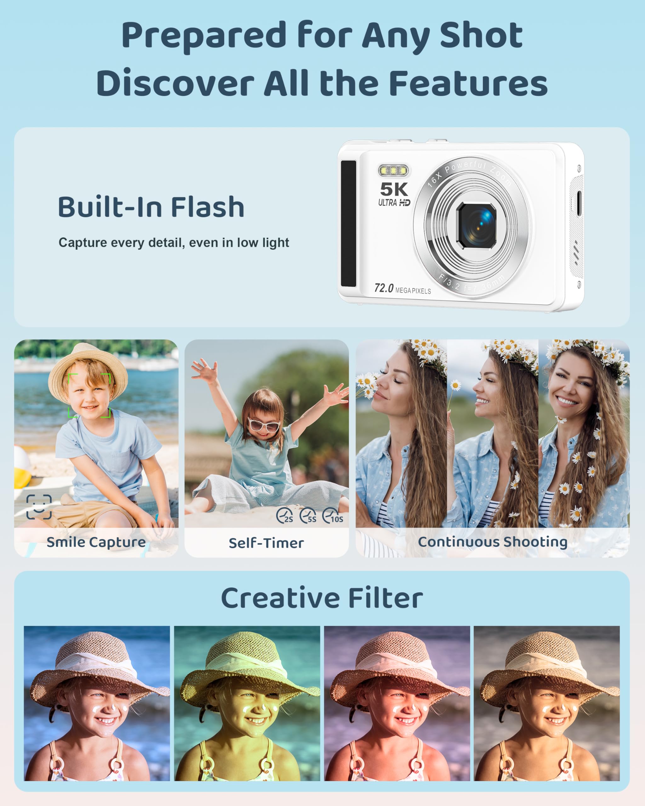 5K Digital Camera with 16X Zoom for Kids