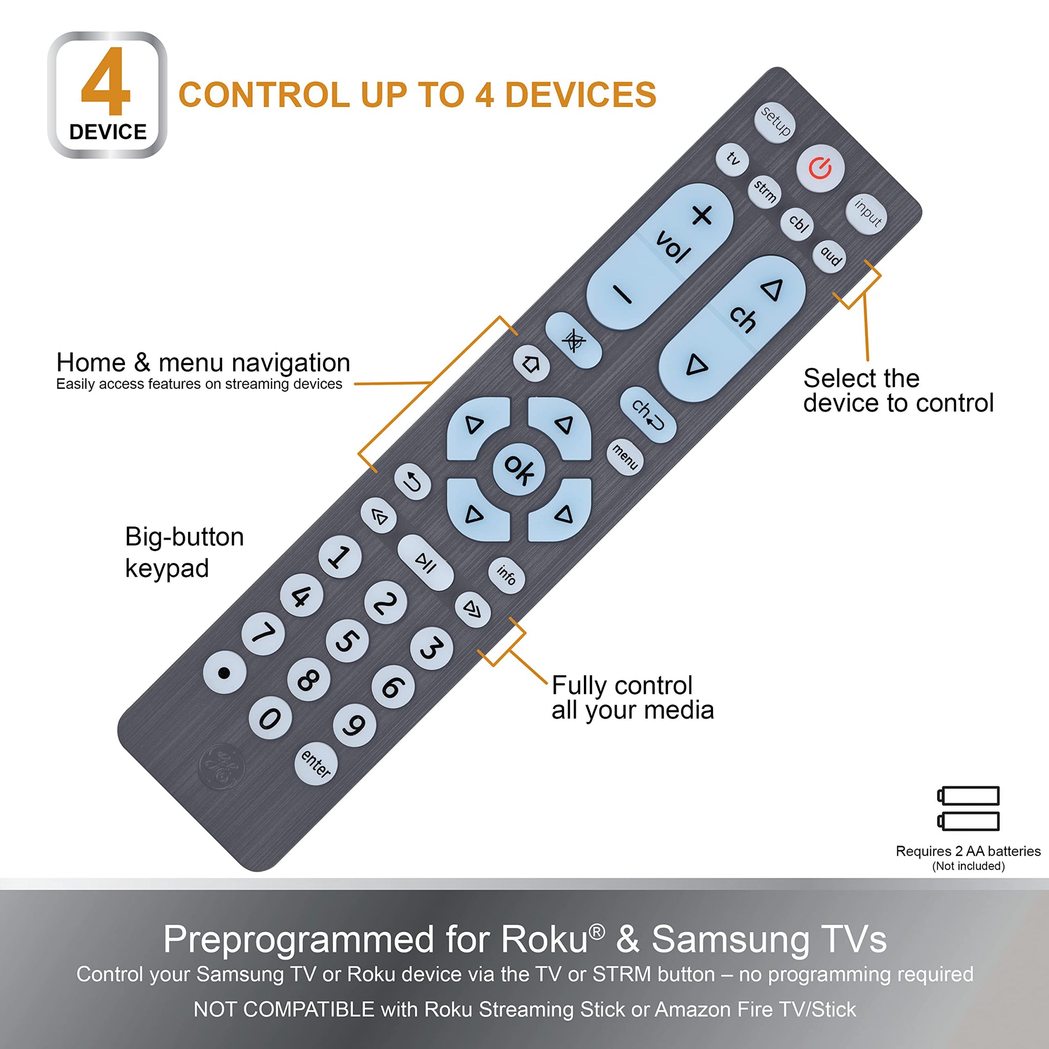 GE Big Button Backlit Universal Remote Control for Six Devices