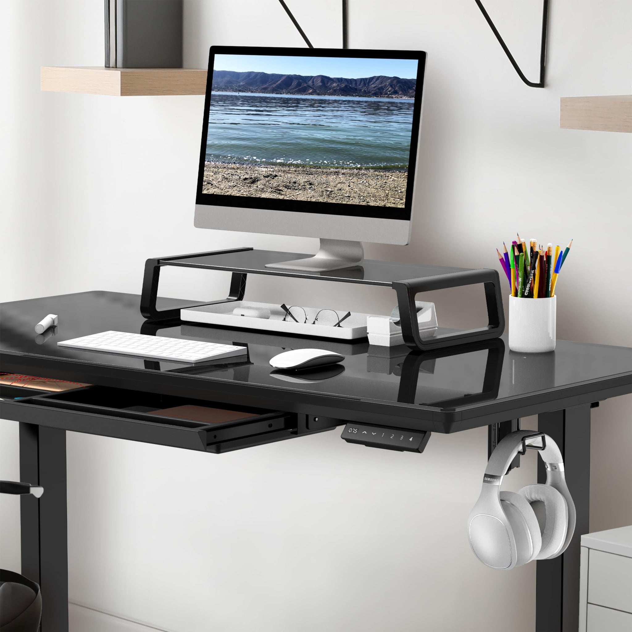 Height Adjustable Glass Desk With Monitor Riser