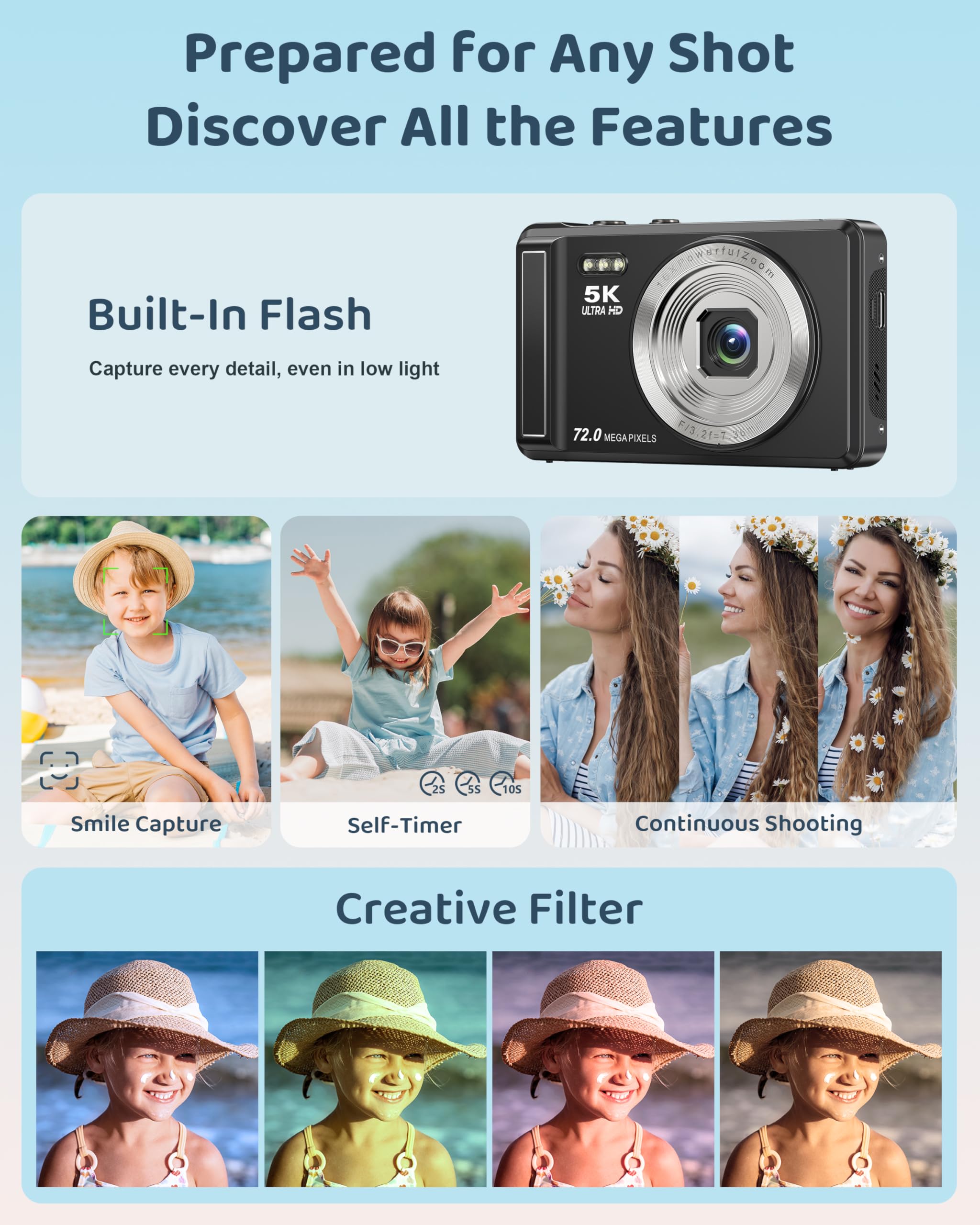 5K Digital Camera with 16X Zoom for Kids