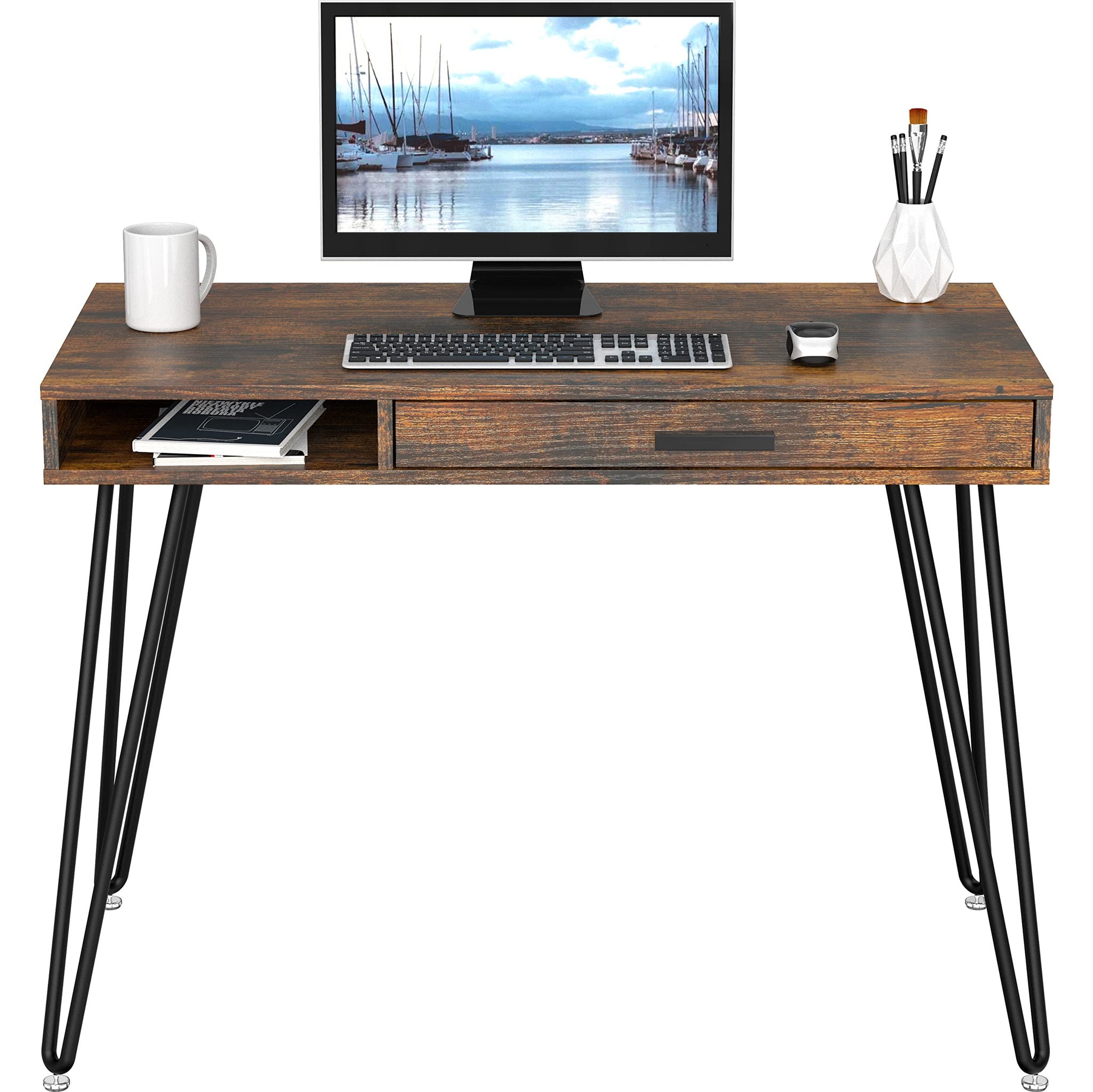 Elegant White Hairpin Leg Desk with Drawer