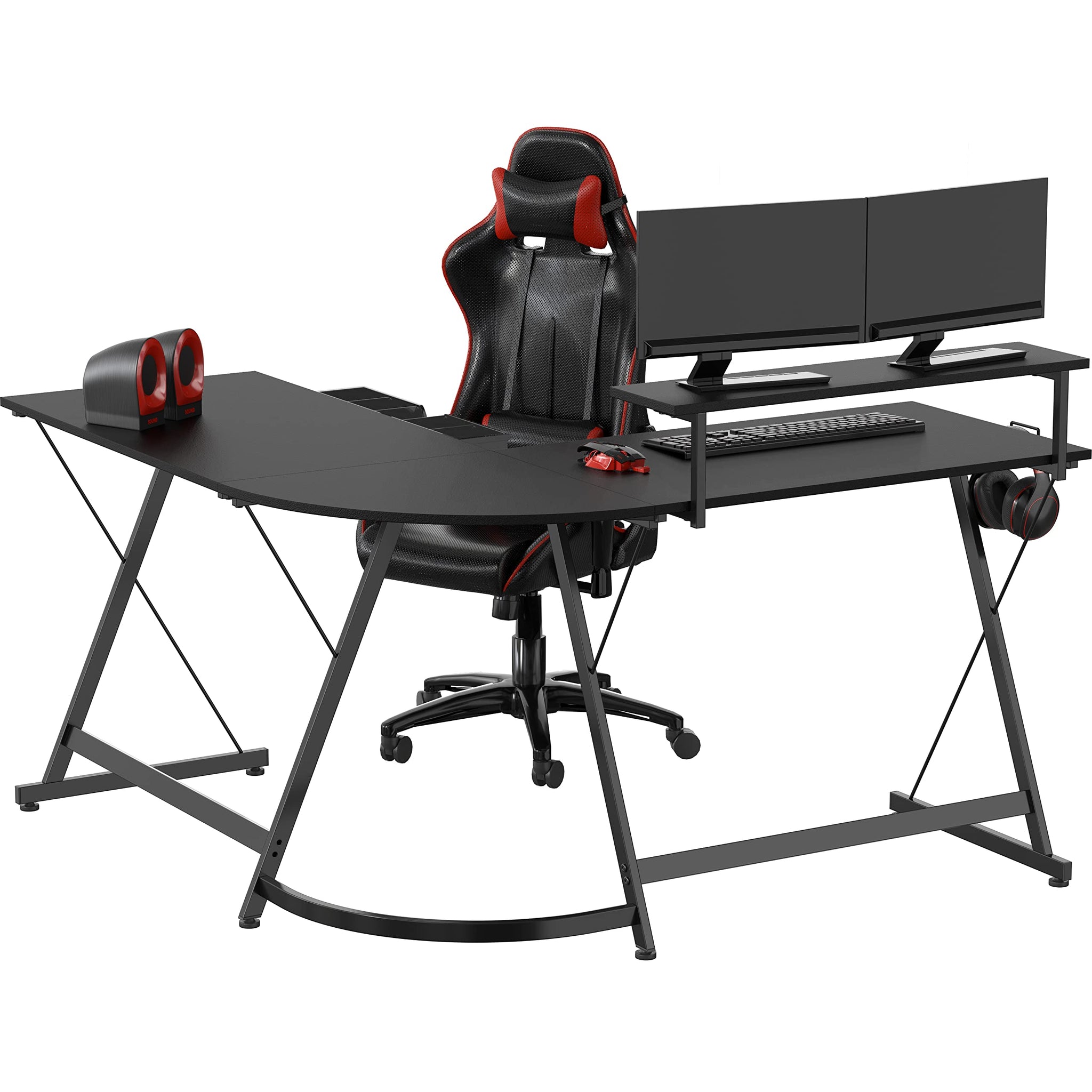 L Shaped Black Desk with Monitor Stand and Drawer