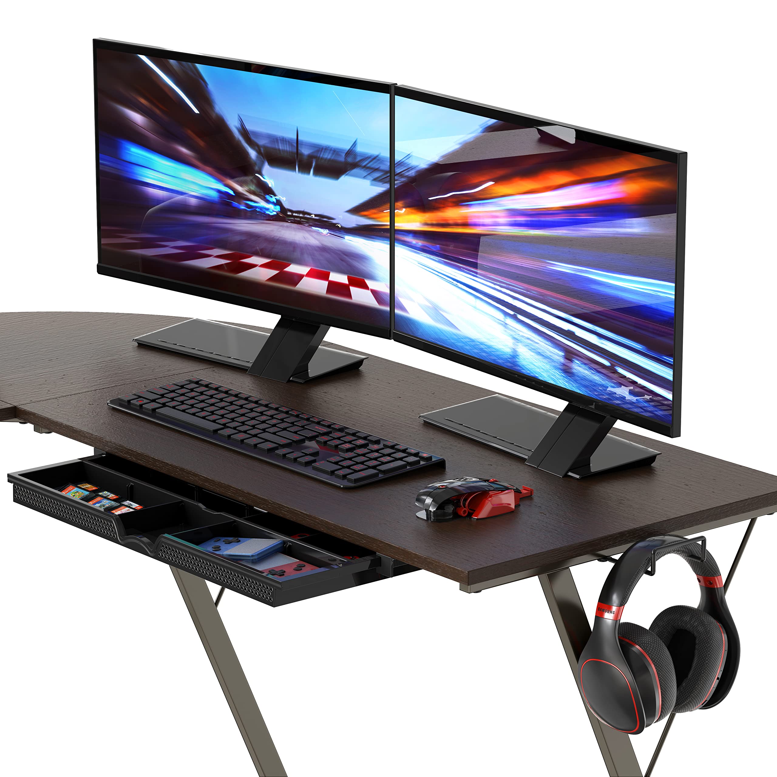 L Shaped Black Desk with Monitor Stand and Drawer