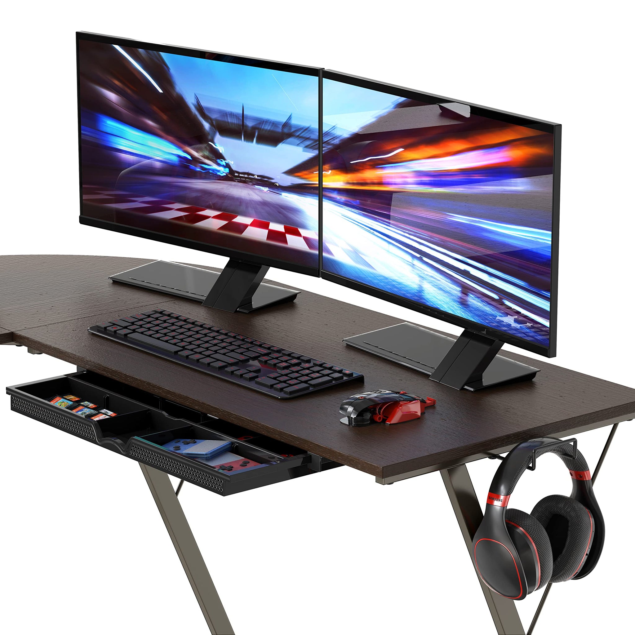 L Shaped Black Desk with Monitor Stand and Drawer