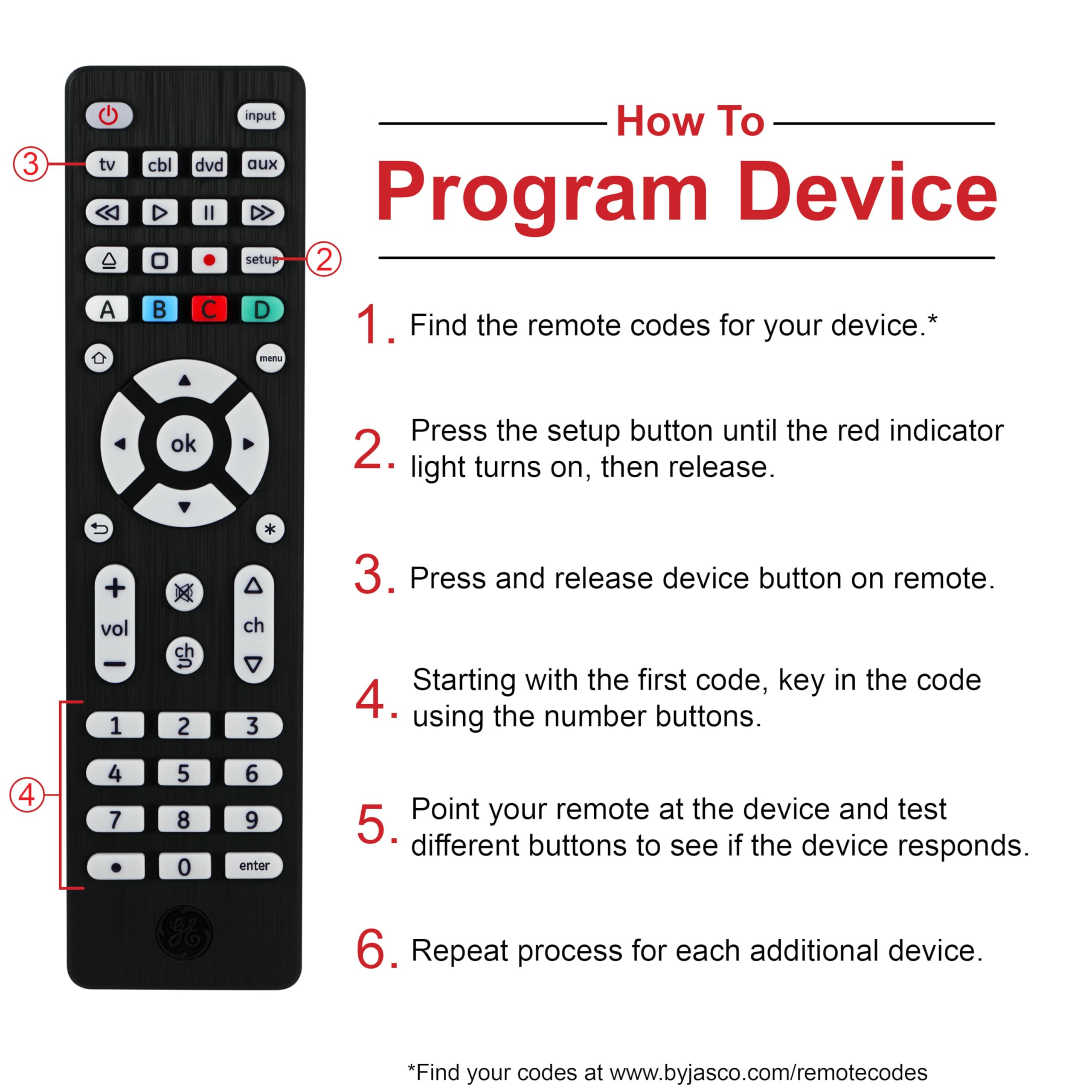 GE Universal Remote Control for 4 Devices Easy Setup