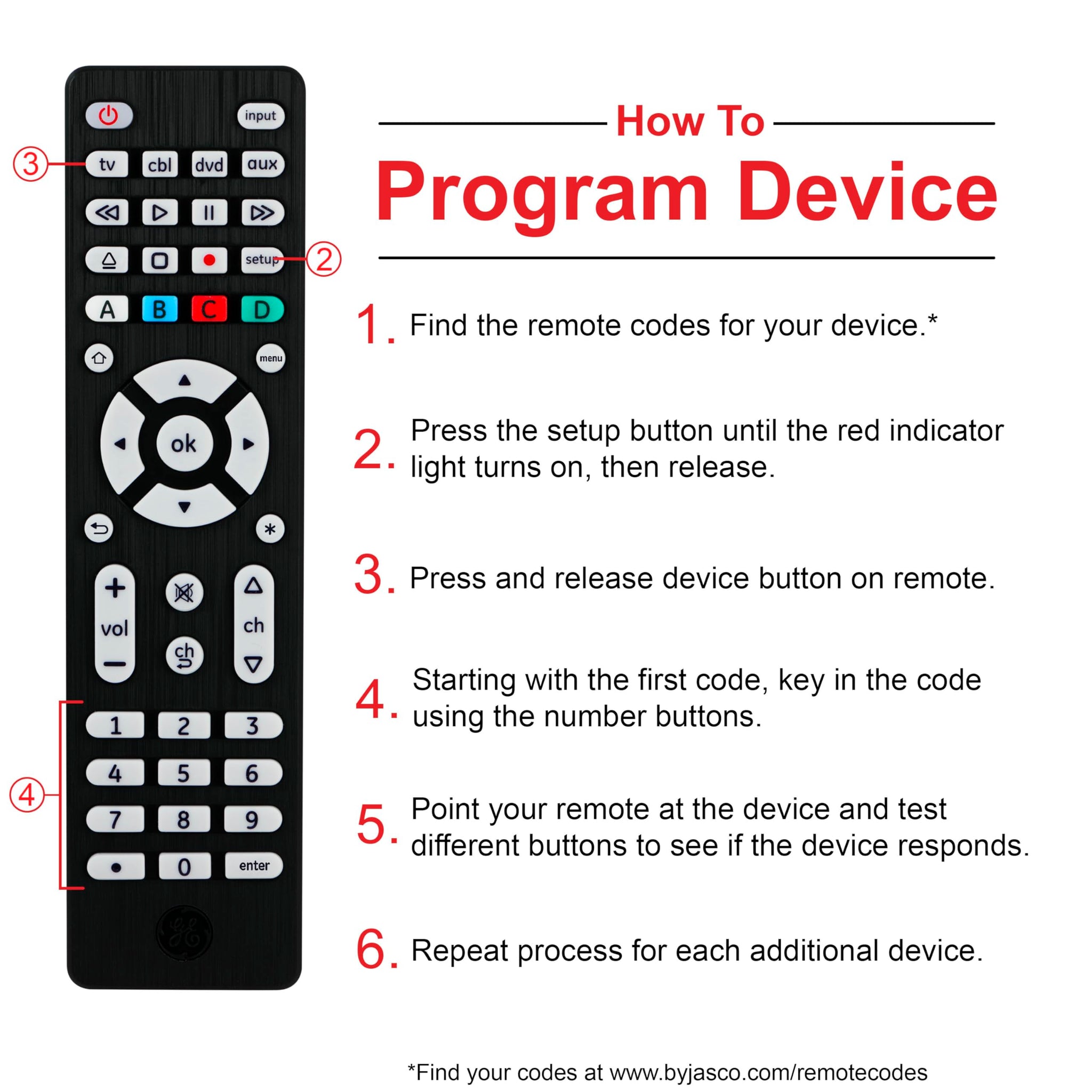 GE Universal Remote Control for 4 Devices Easy Setup