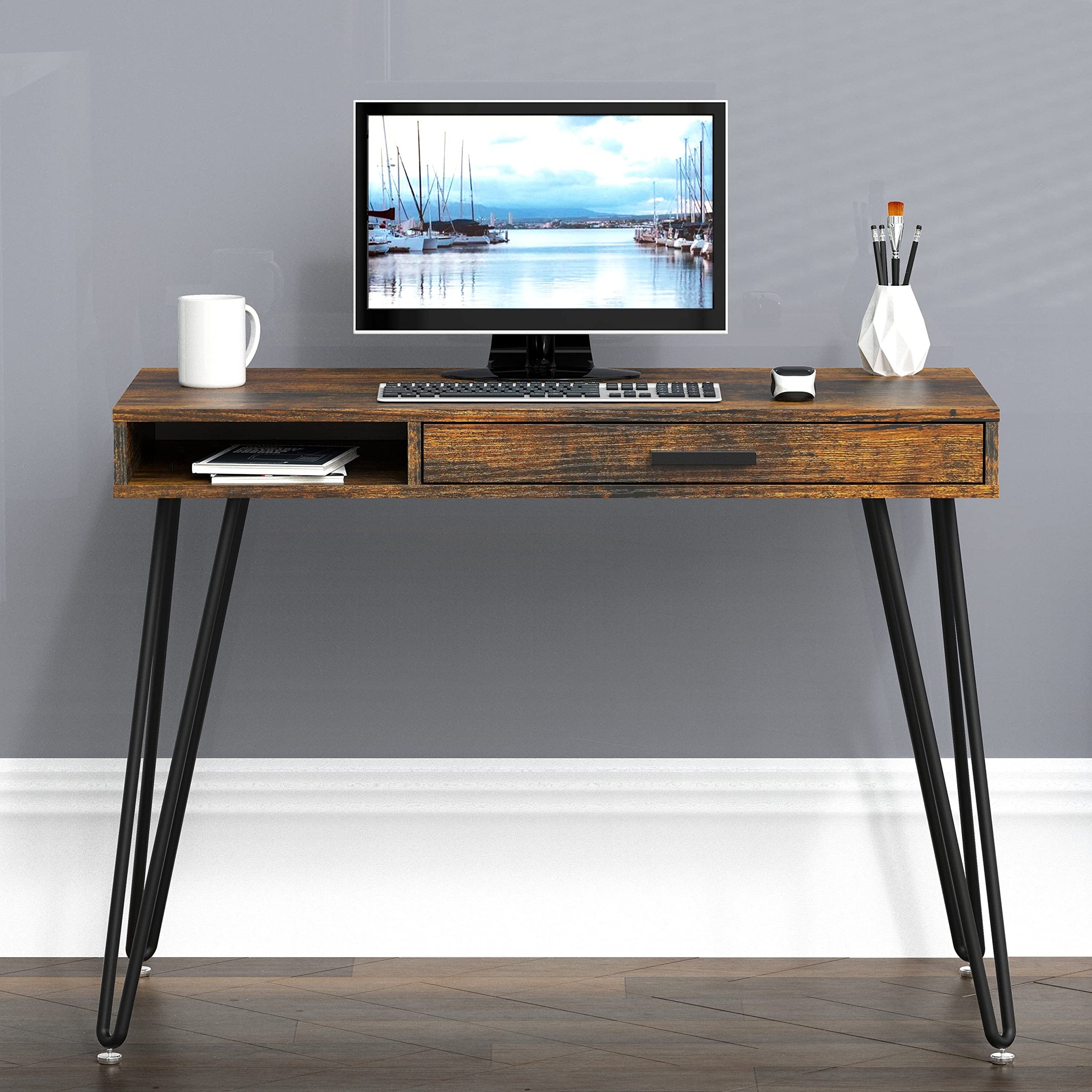 Elegant White Hairpin Leg Desk with Drawer