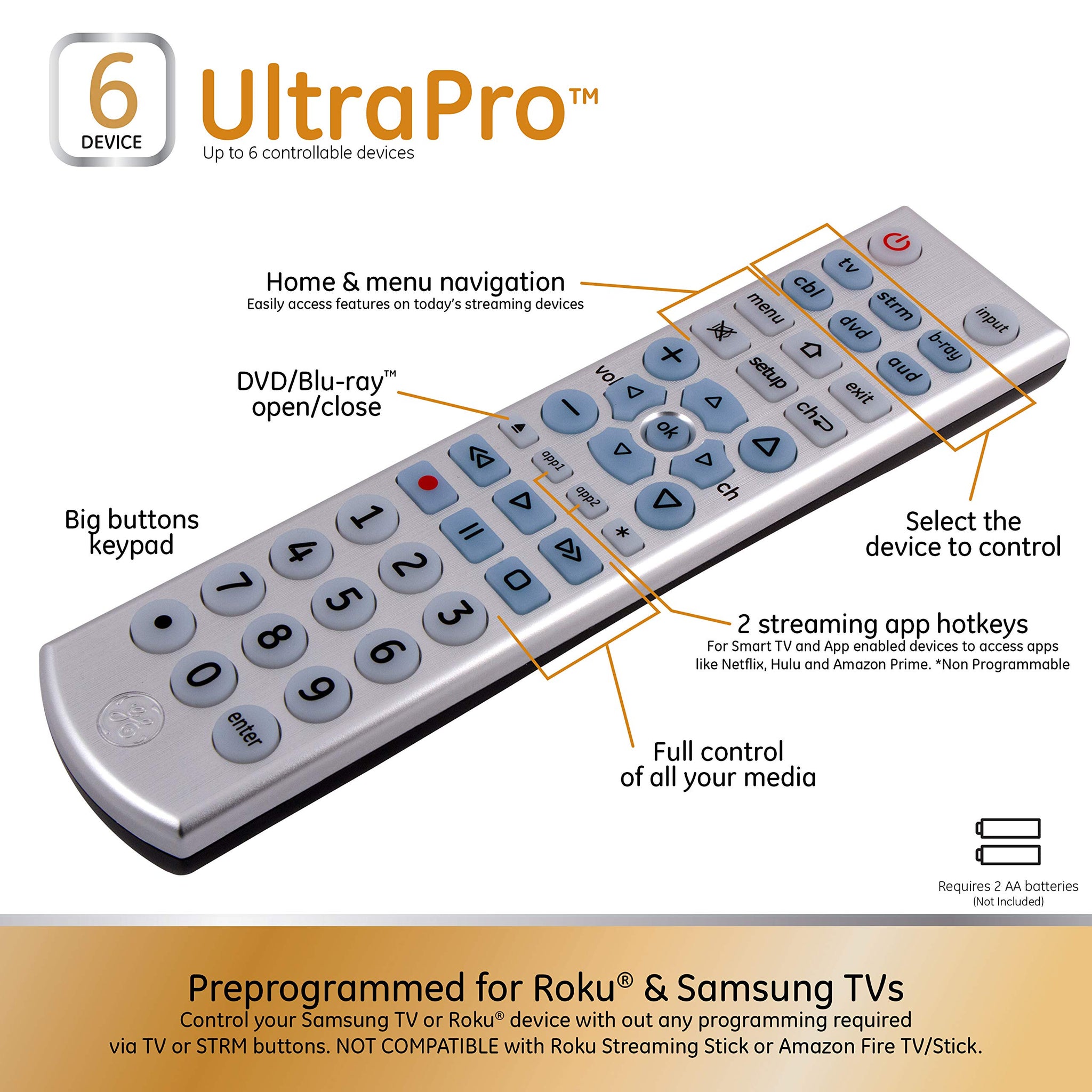 GE Big Button Backlit Universal Remote Control for Six Devices