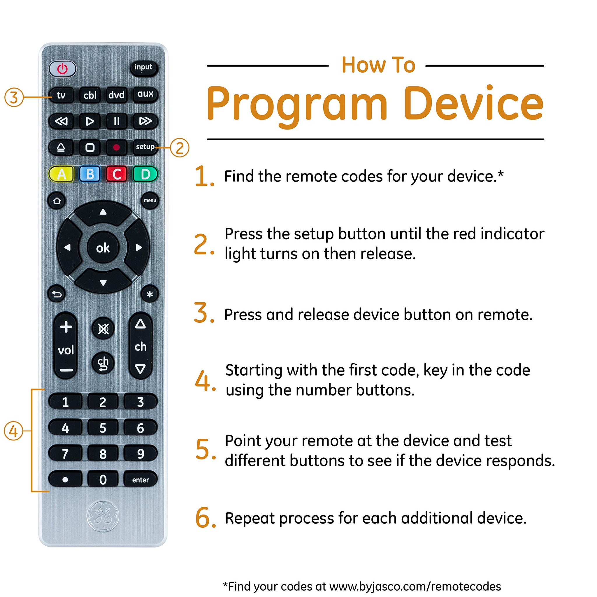GE Universal Remote Control for 4 Devices Easy Setup