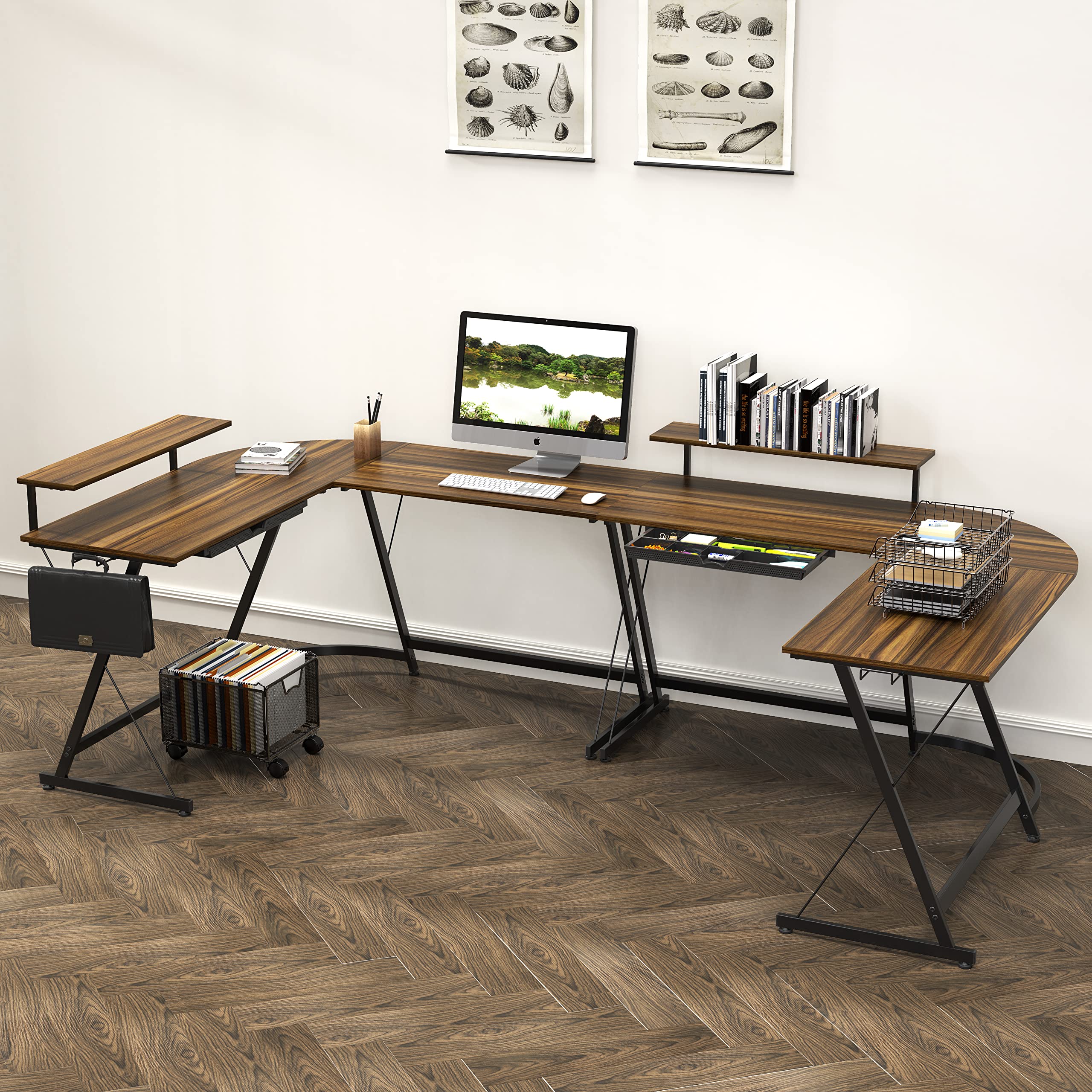 L Shaped Black Desk with Monitor Stand and Drawer