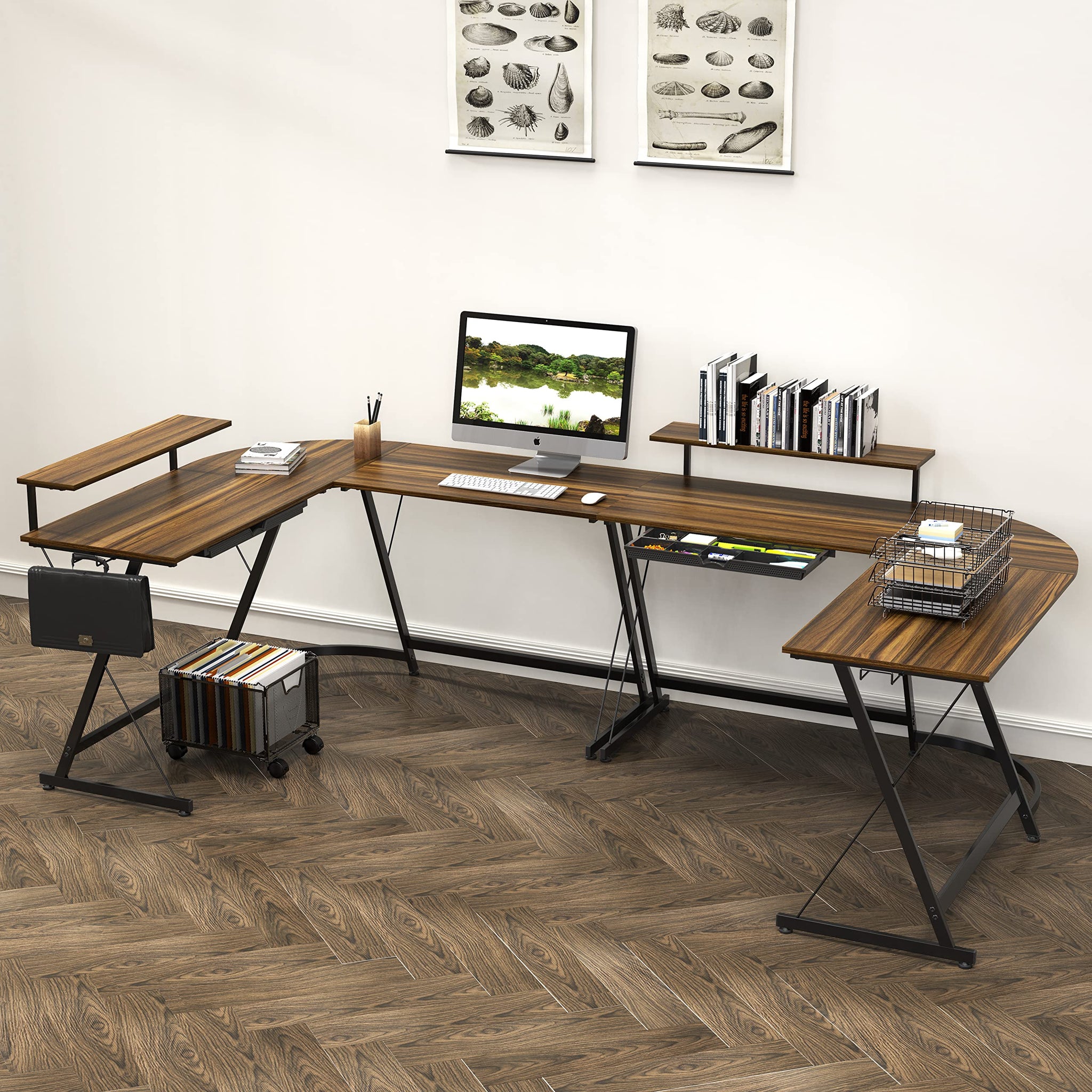 L Shaped Black Desk with Monitor Stand and Drawer