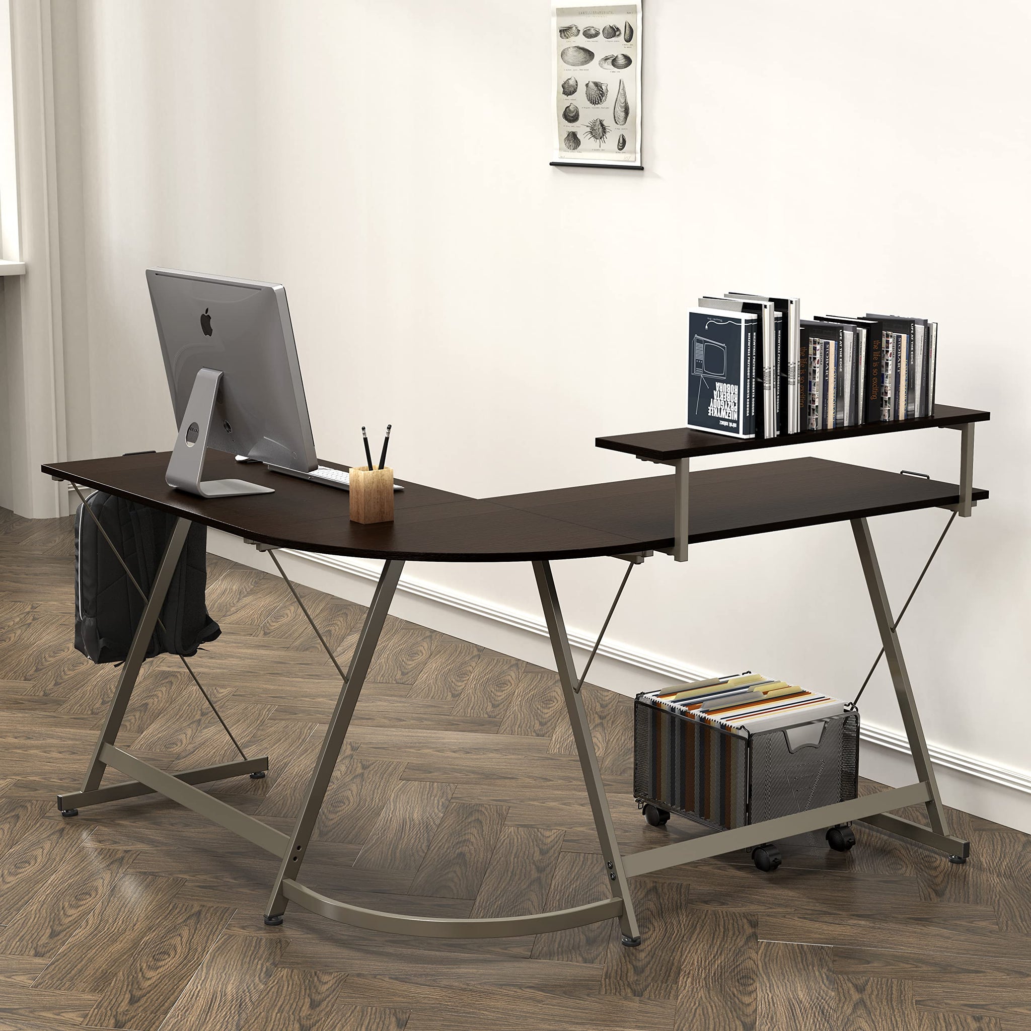 L Shaped Black Desk with Monitor Stand and Drawer