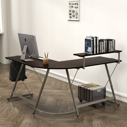 L Shaped Black Desk with Monitor Stand and Drawer