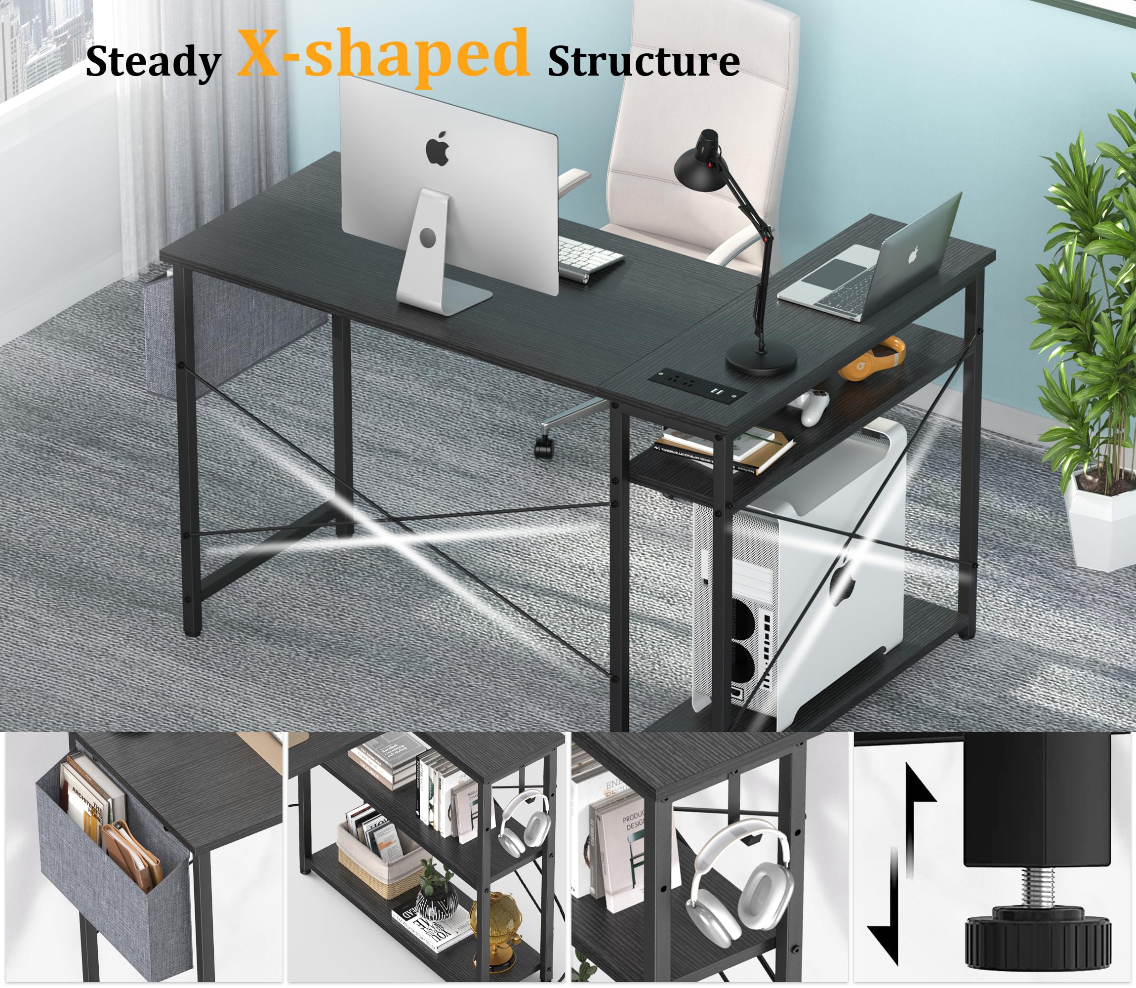 L Shaped Office Desk with USB Ports for Small Spaces