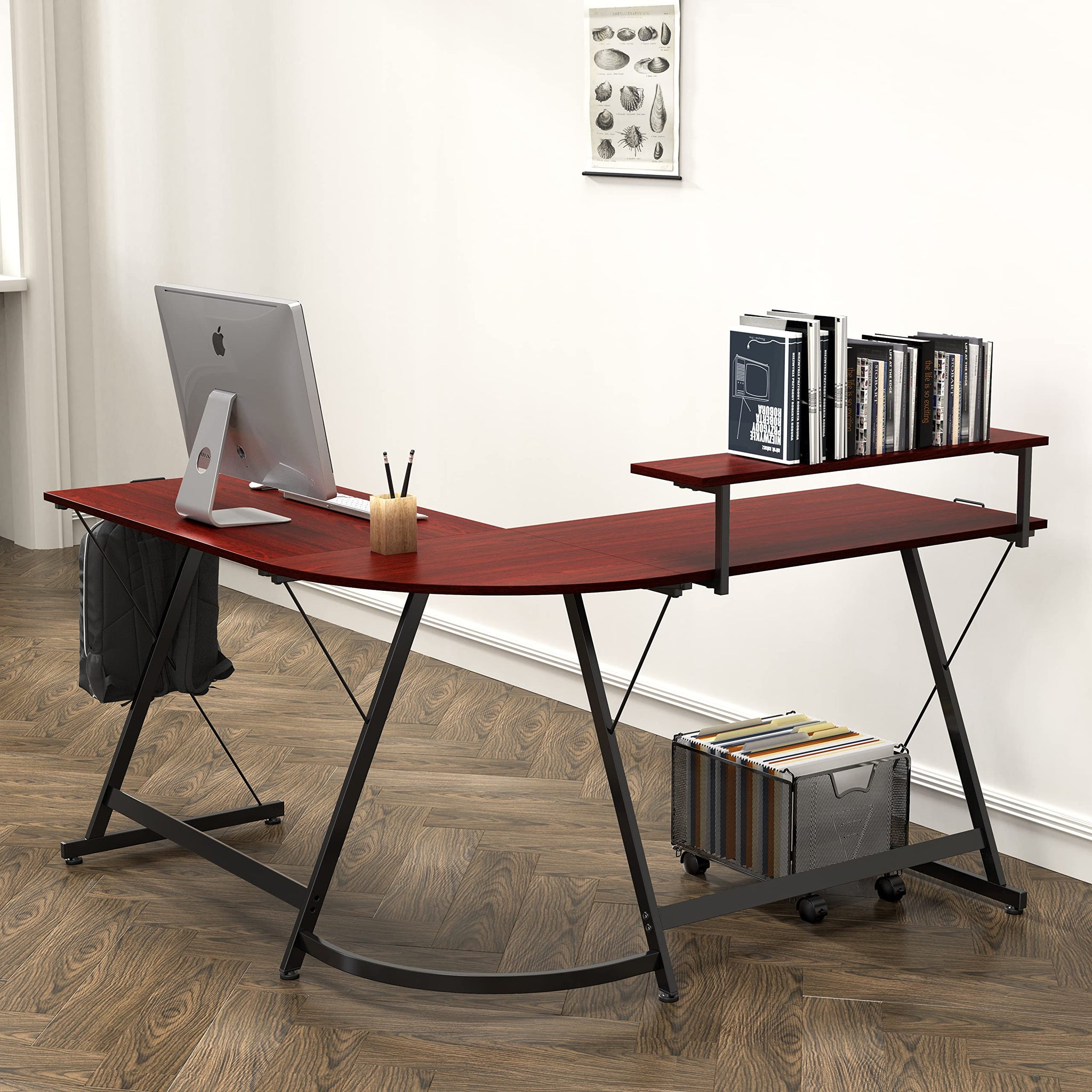 L Shaped Black Desk with Monitor Stand and Drawer