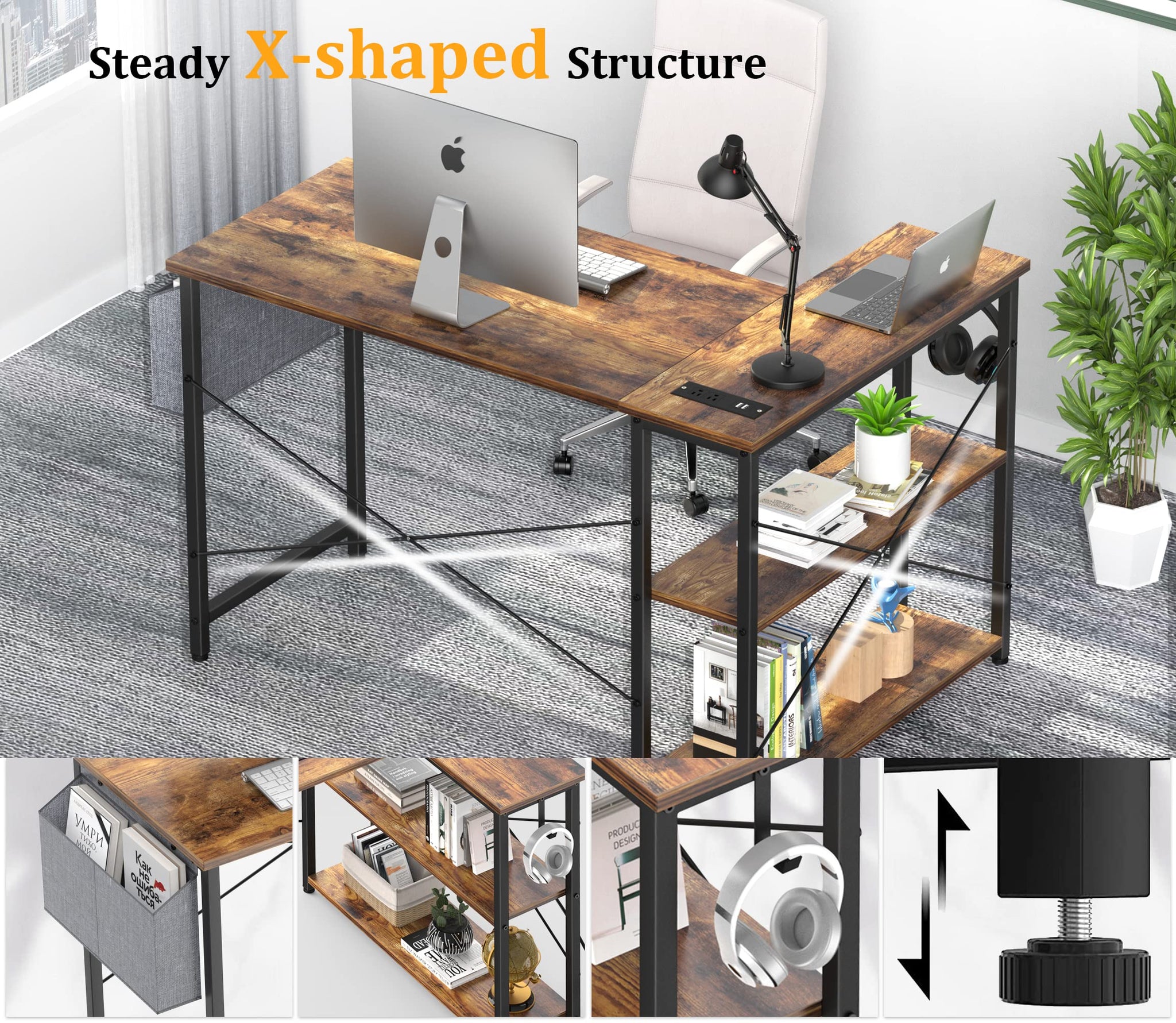 L Shaped Office Desk with USB Ports for Small Spaces
