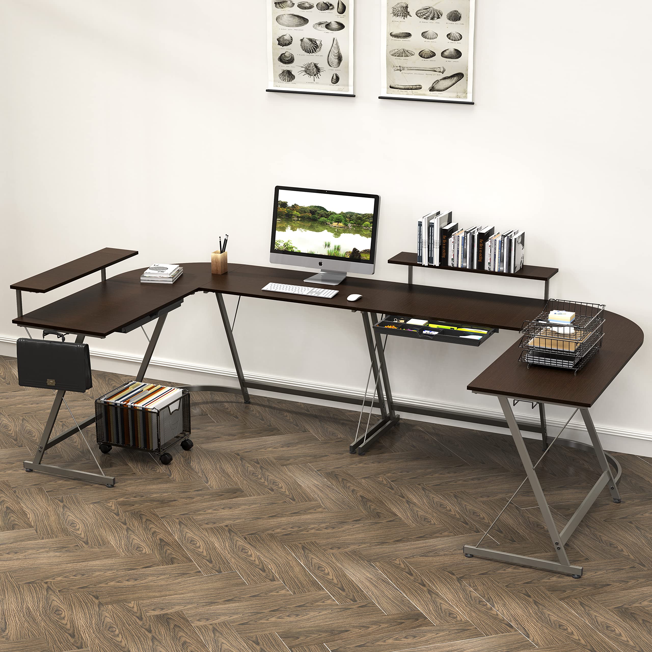 L Shaped Black Desk with Monitor Stand and Drawer