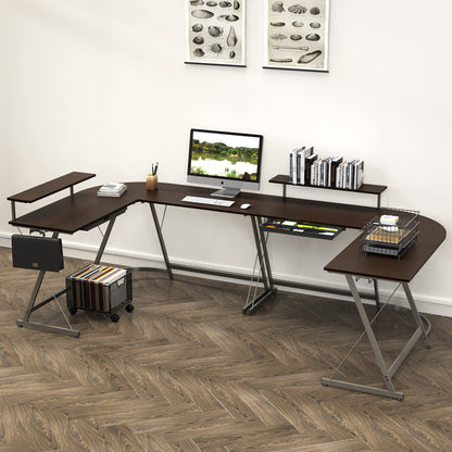 L Shaped Black Desk with Monitor Stand and Drawer