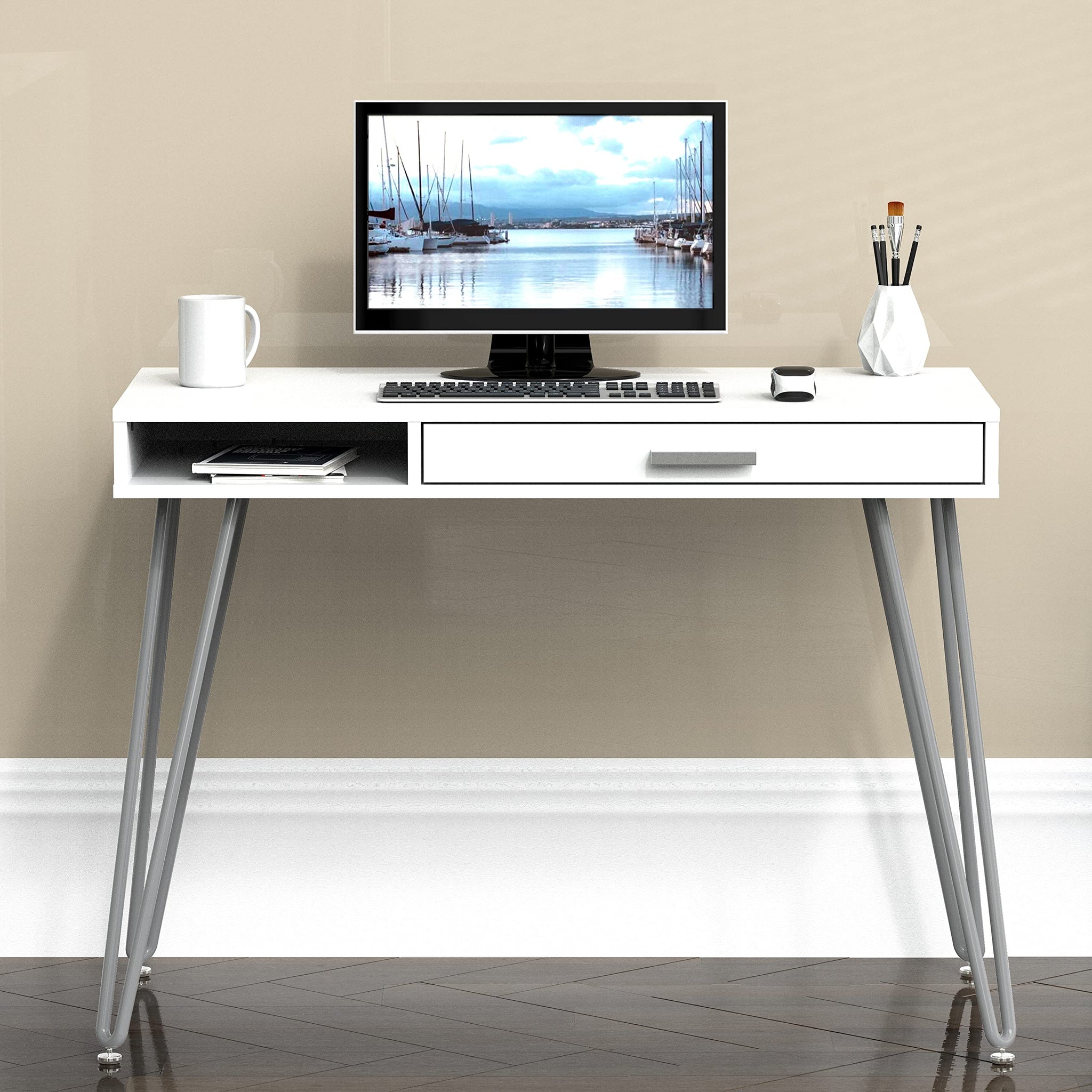 Elegant White Hairpin Leg Desk with Drawer