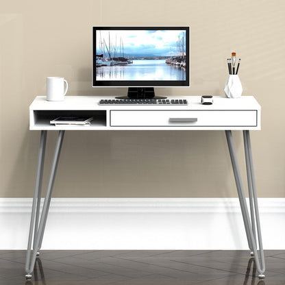 Elegant White Hairpin Leg Desk with Drawer