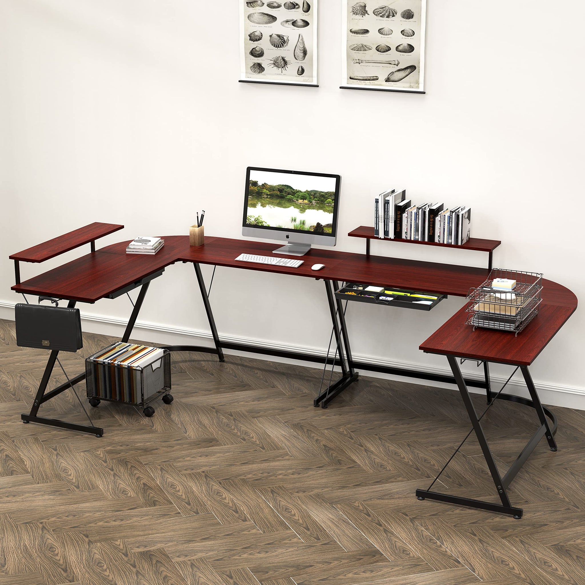 L Shaped Black Desk with Monitor Stand and Drawer