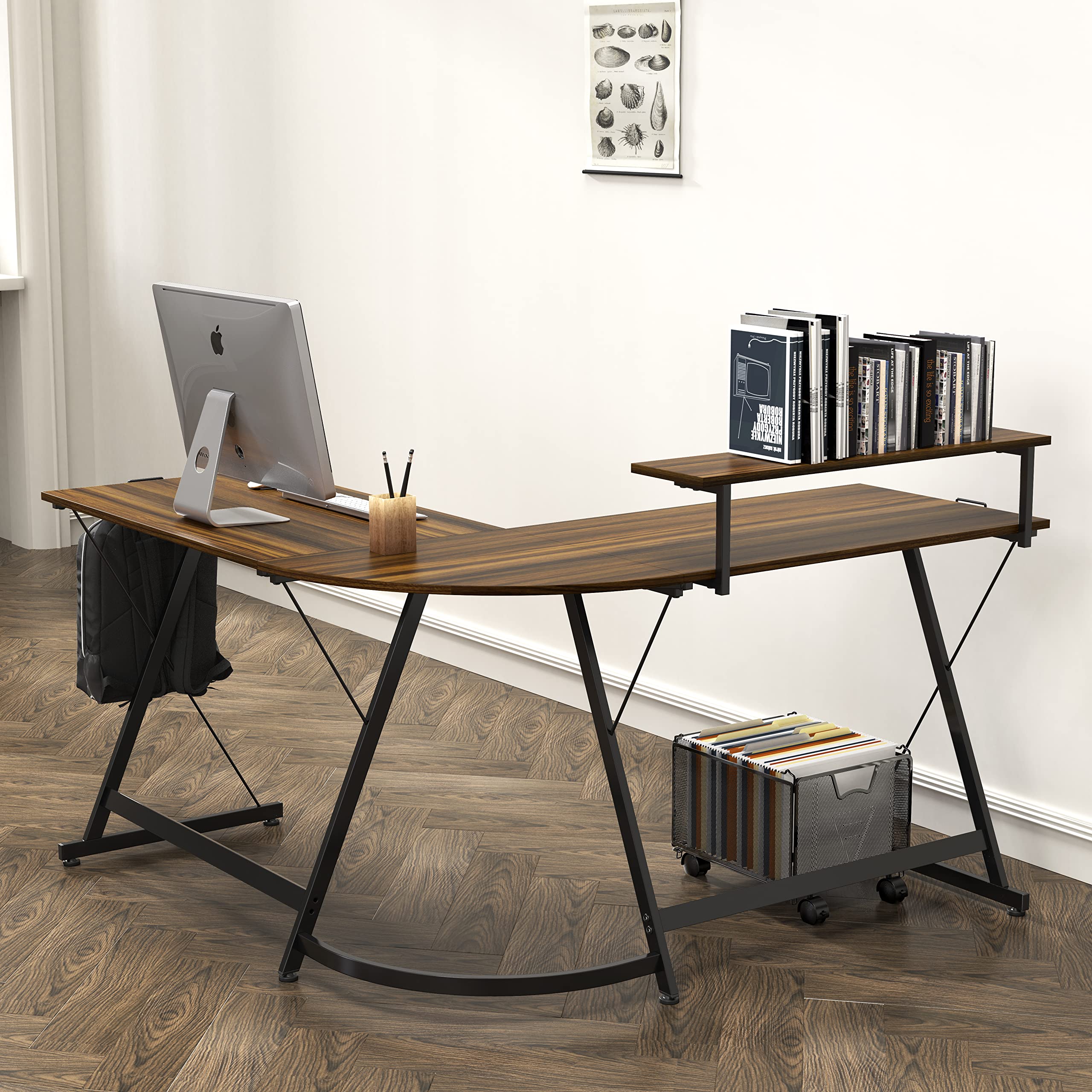 L Shaped Black Desk with Monitor Stand and Drawer