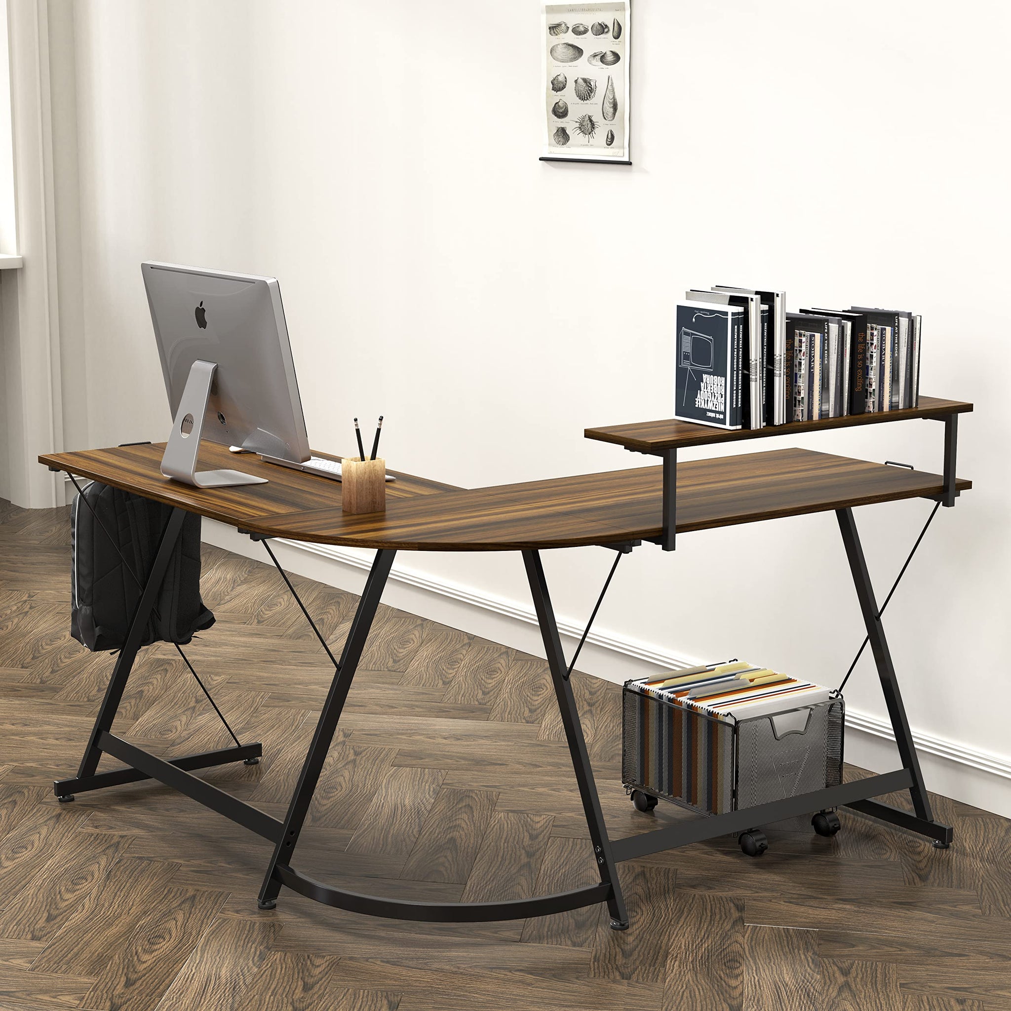 L Shaped Black Desk with Monitor Stand and Drawer