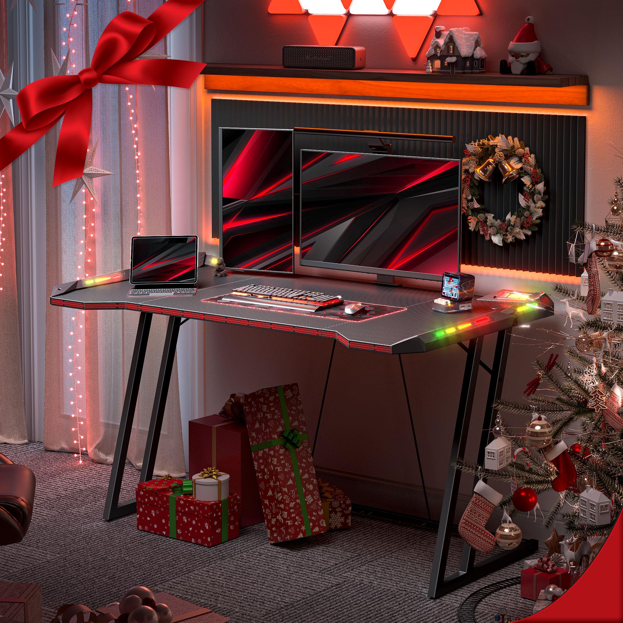 CubiCubi Gaming Desk with LED Lights and Ergonomic Design