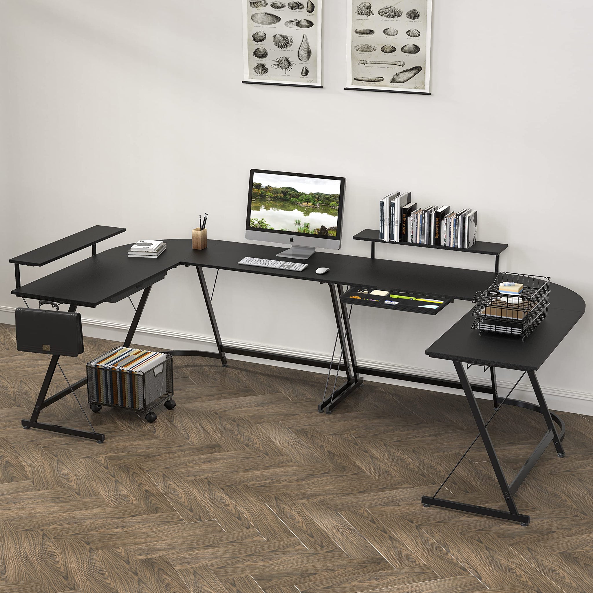 L Shaped Black Desk with Monitor Stand and Drawer