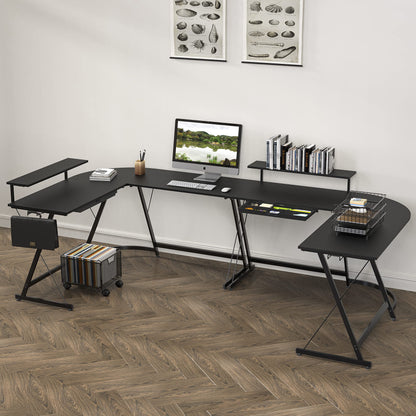 L Shaped Black Desk with Monitor Stand and Drawer