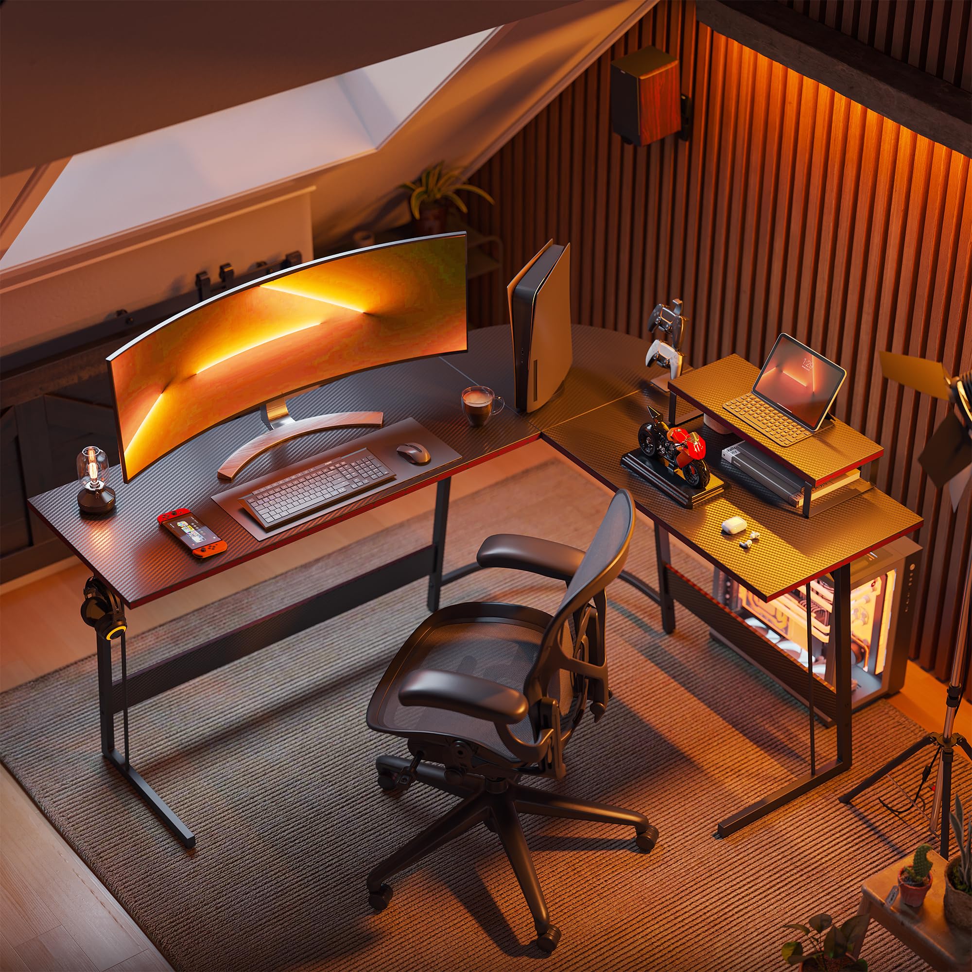 CubiCubi L Shaped Gaming Desk with Carbon Fiber Surface