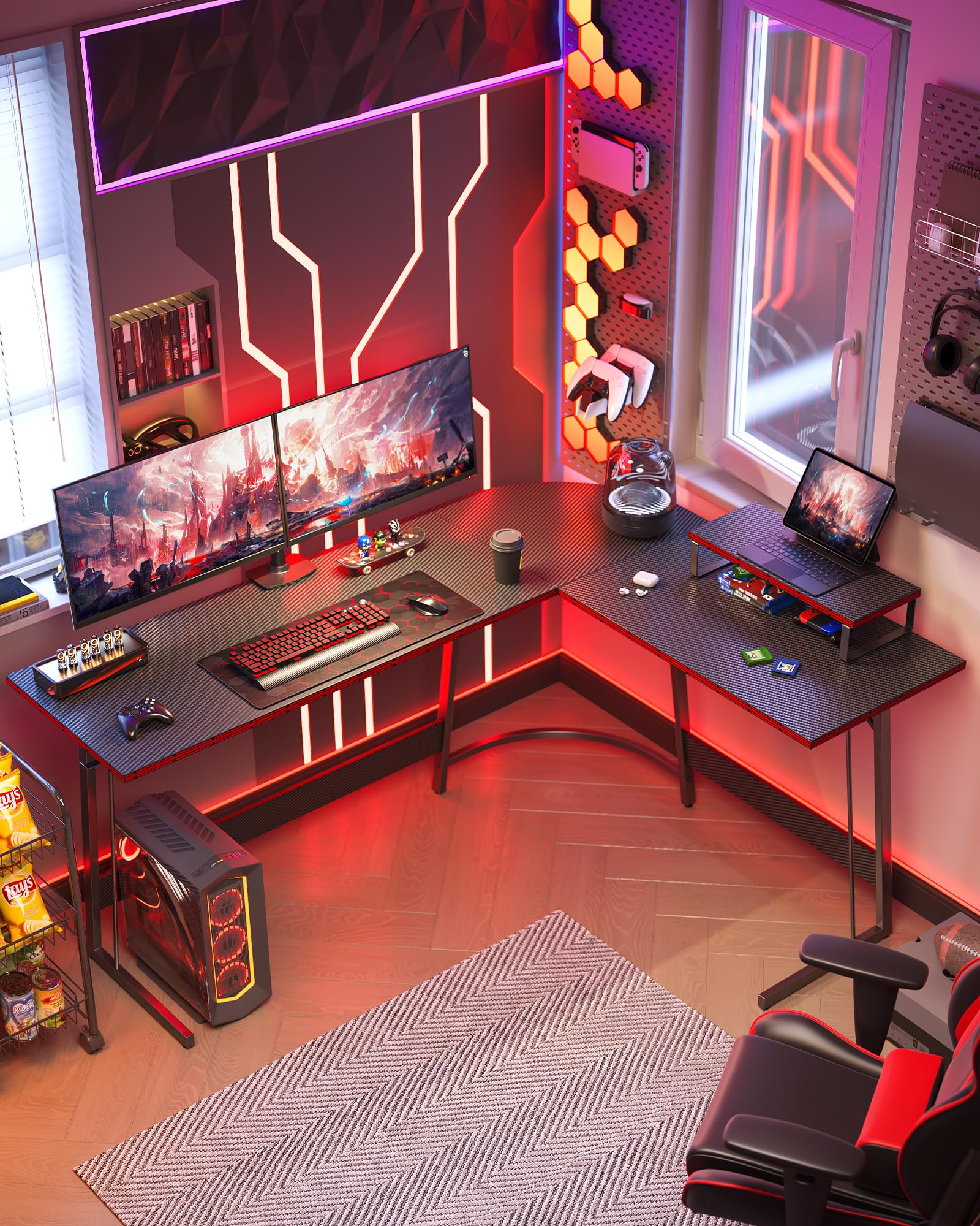 CubiCubi L Shaped Gaming Desk with Carbon Fiber Surface