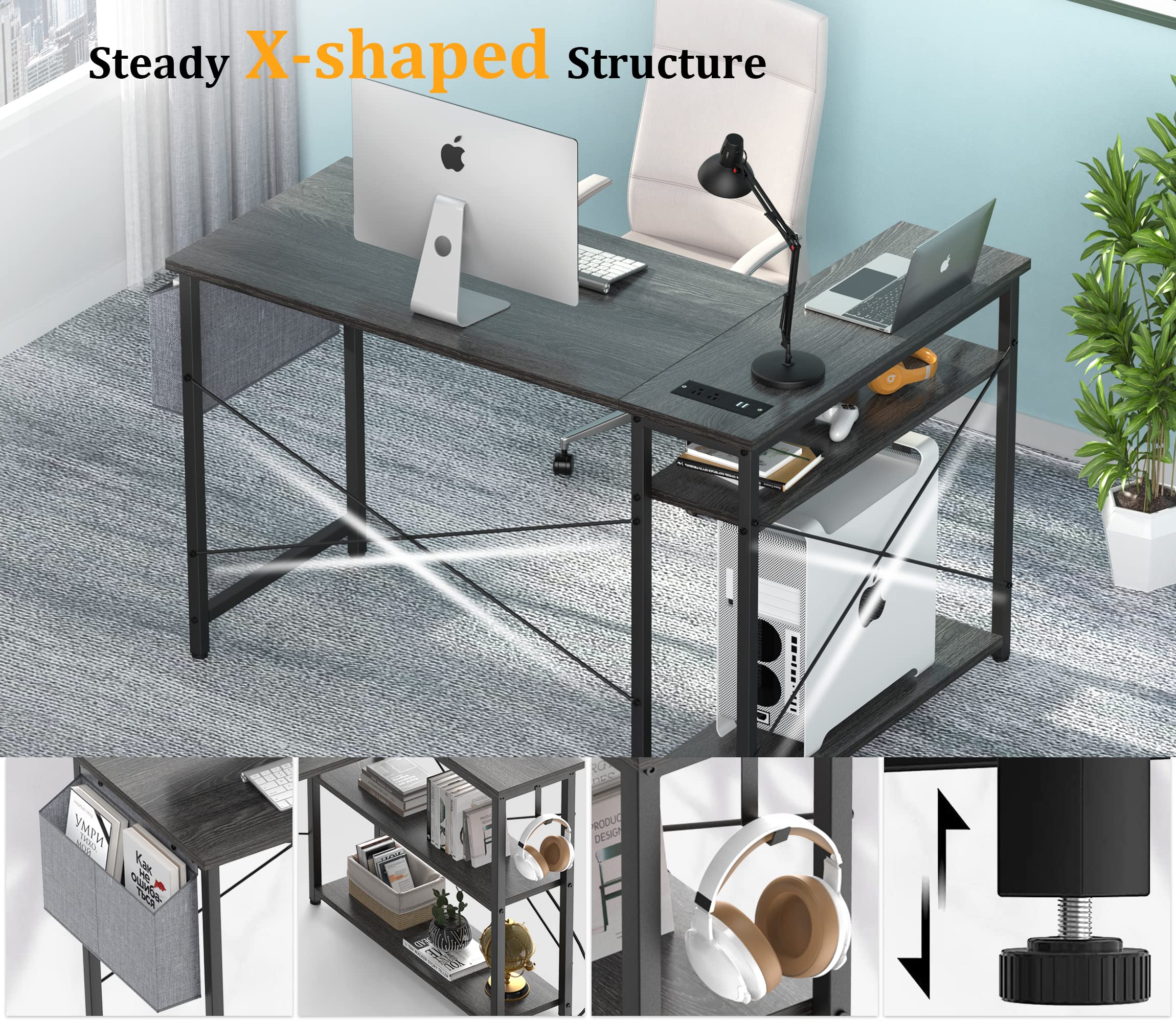 L Shaped Office Desk with USB Ports for Small Spaces