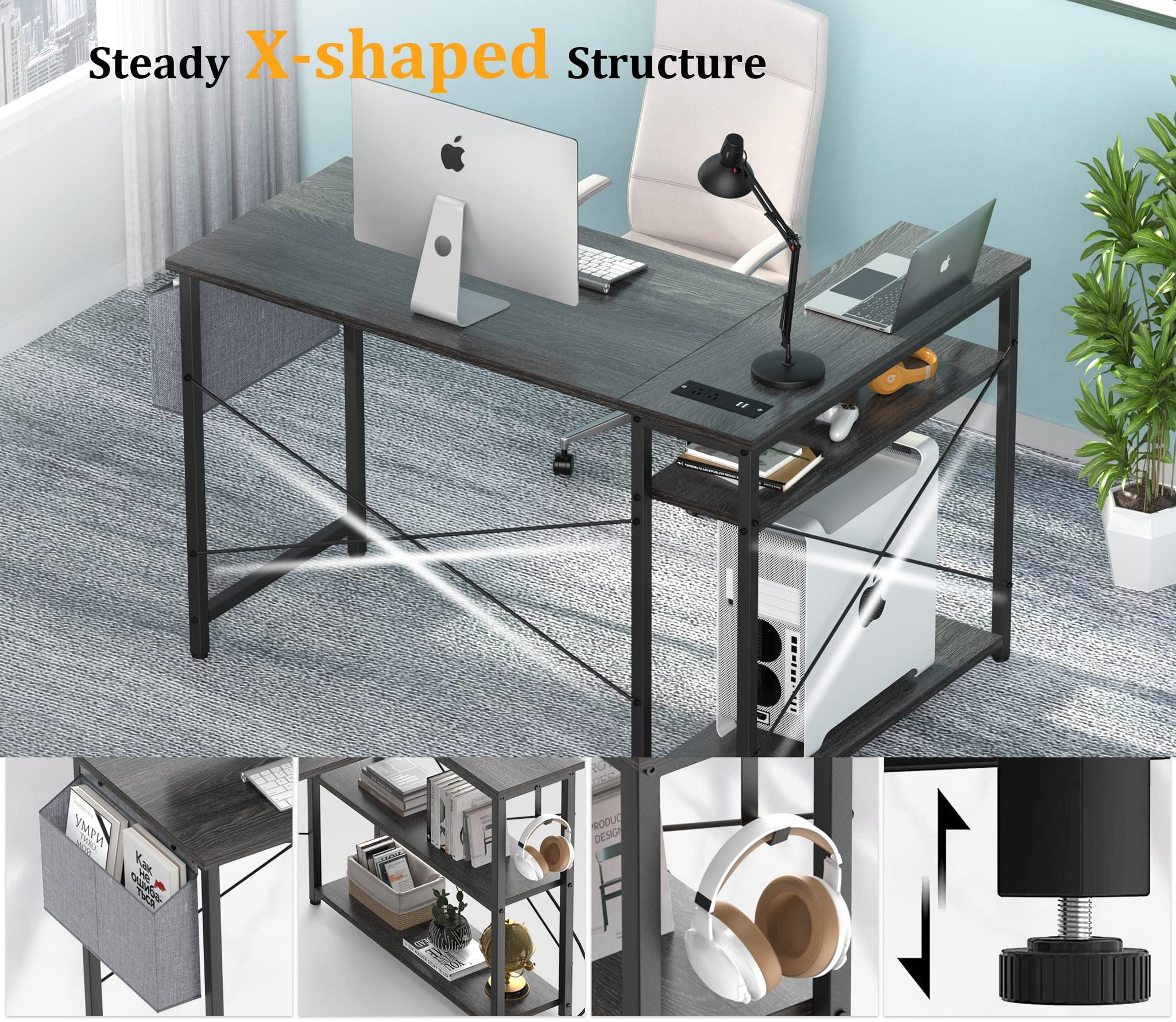 L Shaped Office Desk with USB Ports for Small Spaces