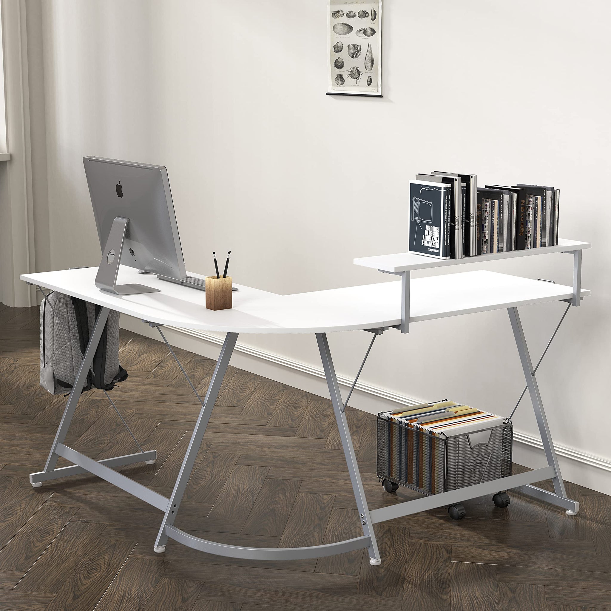 L Shaped Black Desk with Monitor Stand and Drawer