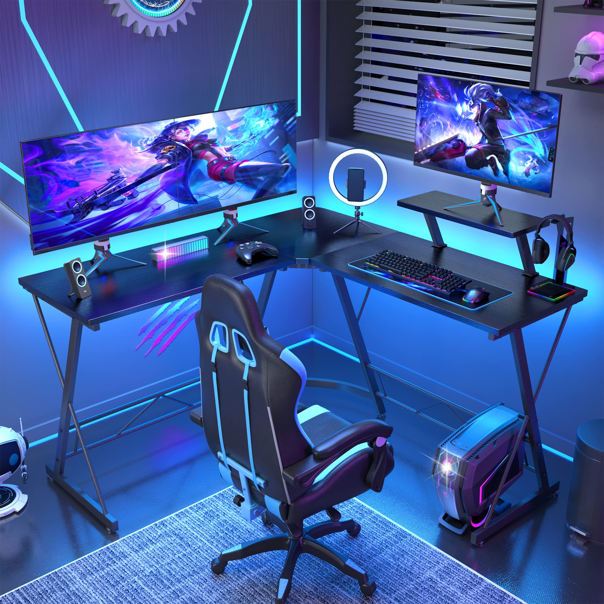 L Shaped Gaming Desk with Large Monitor Stand