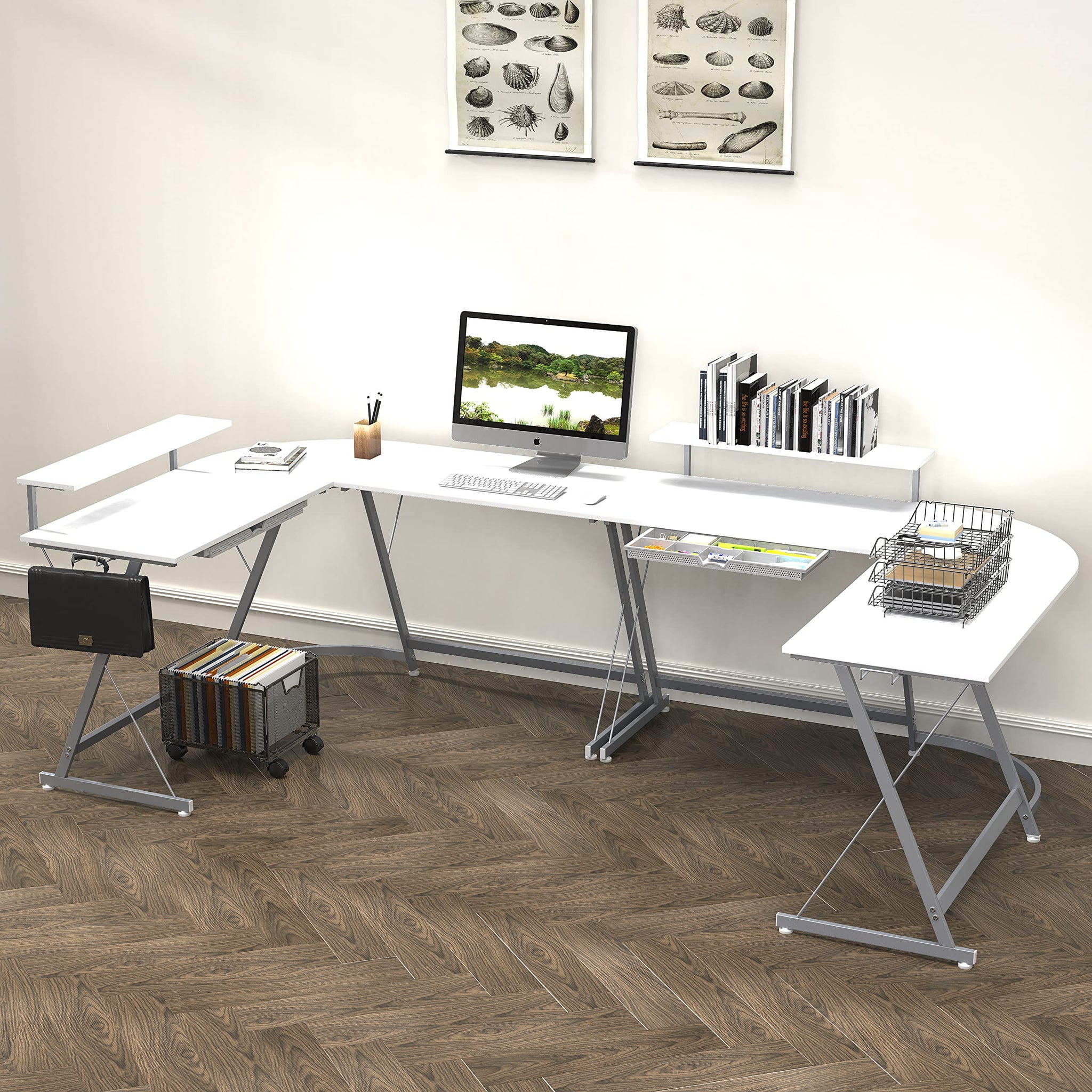 L Shaped Black Desk with Monitor Stand and Drawer