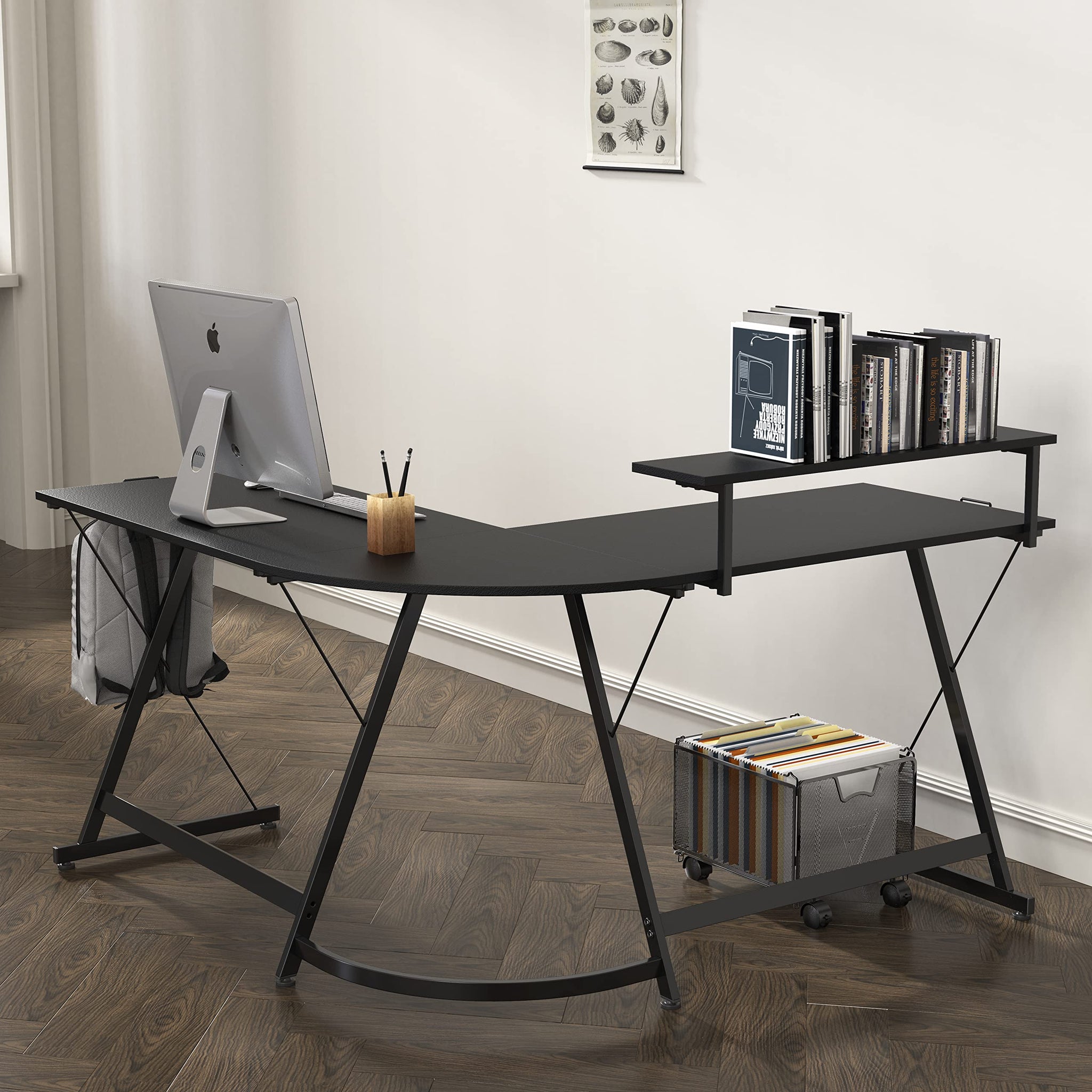 L Shaped Black Desk with Monitor Stand and Drawer