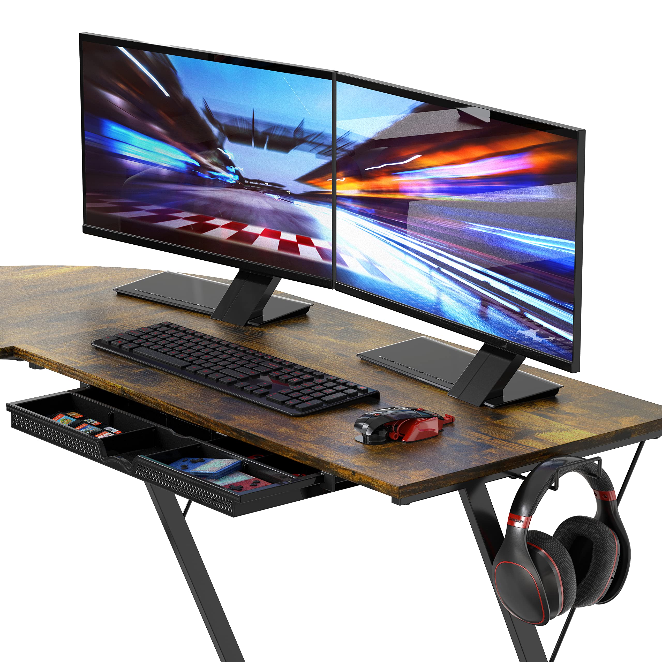 L Shaped Black Desk with Monitor Stand and Drawer