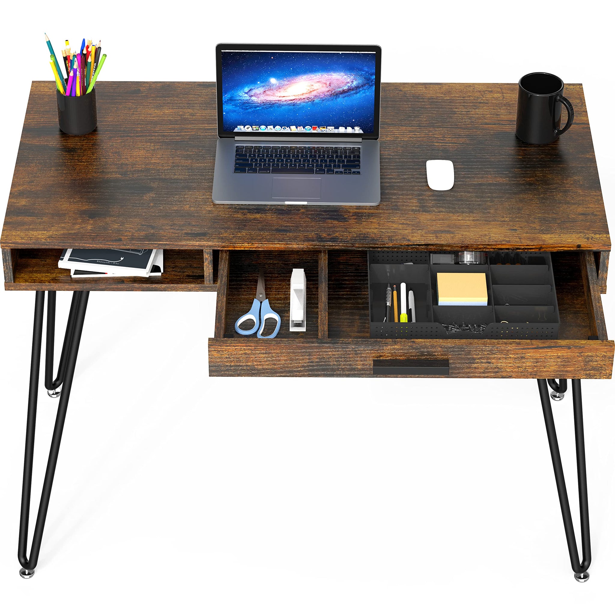 Elegant White Hairpin Leg Desk with Drawer