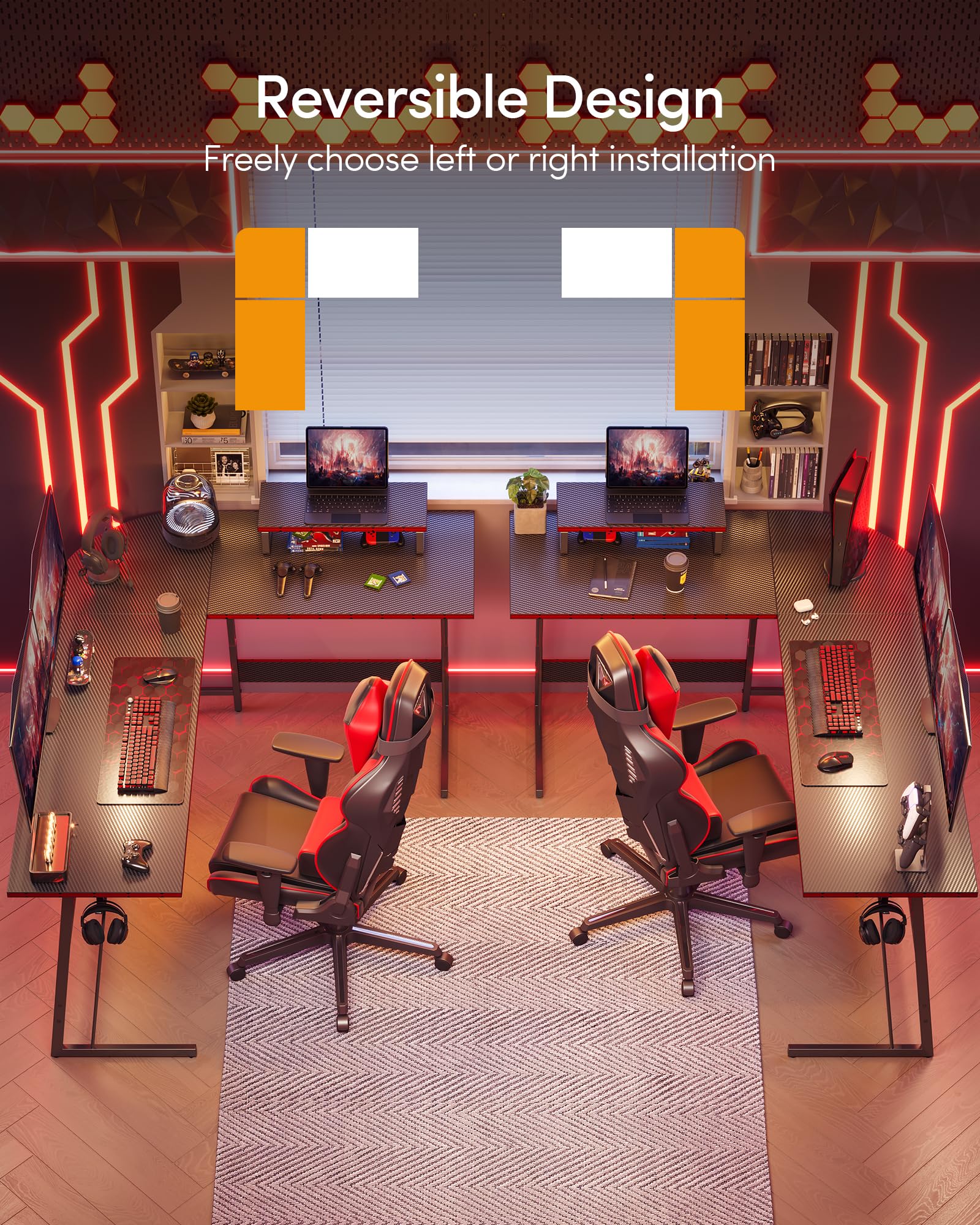 CubiCubi L Shaped Gaming Desk with Carbon Fiber Surface