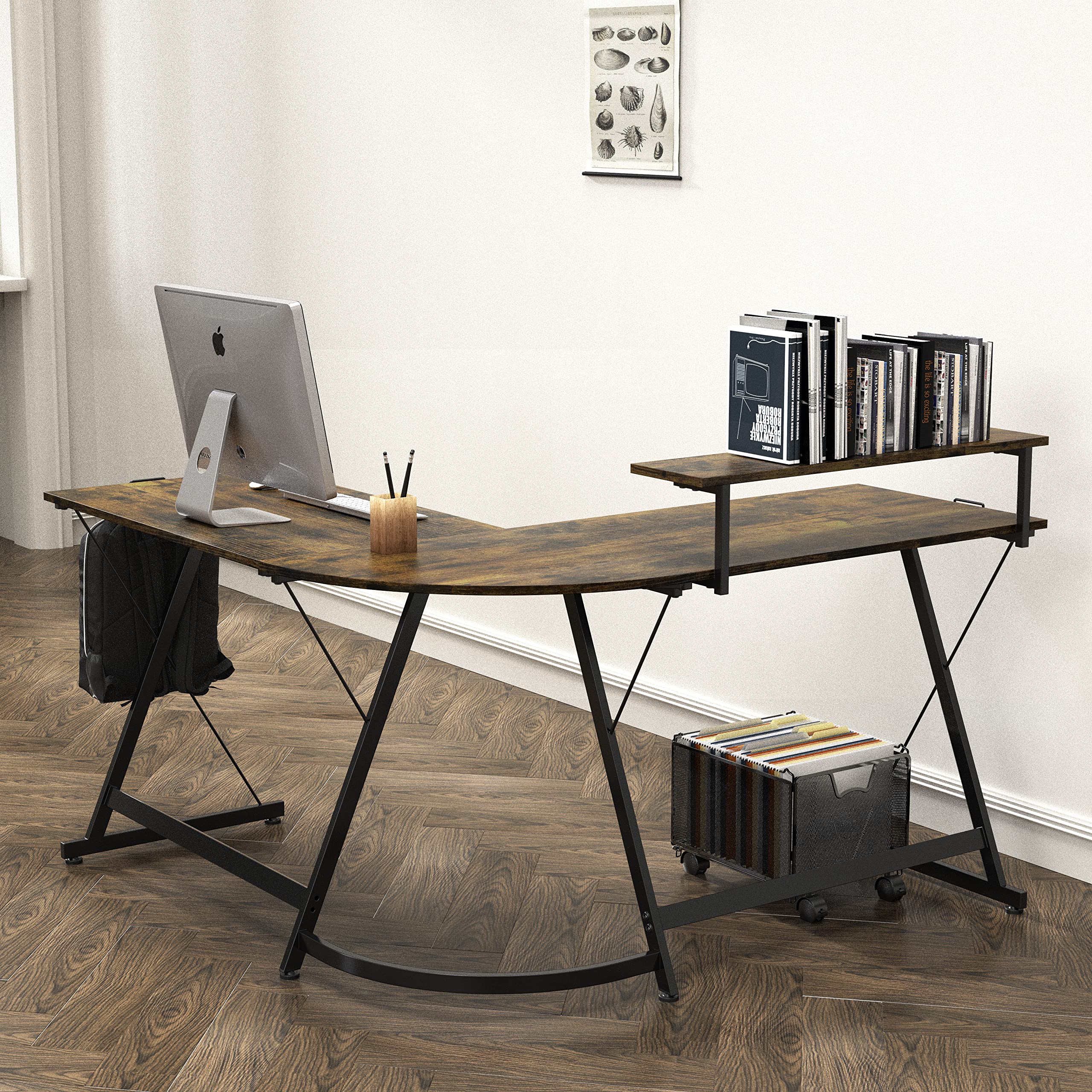 L Shaped Black Desk with Monitor Stand and Drawer