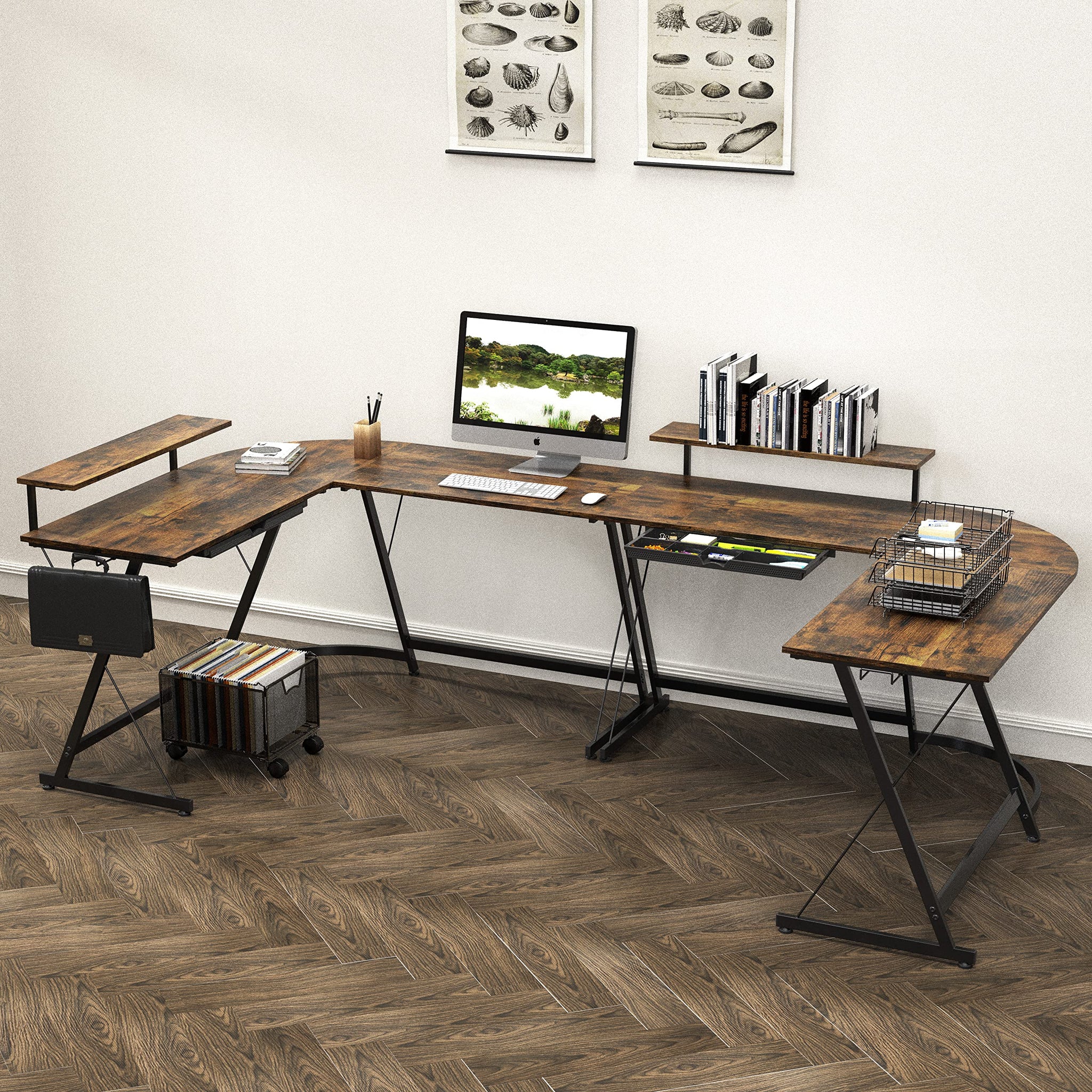 L Shaped Black Desk with Monitor Stand and Drawer